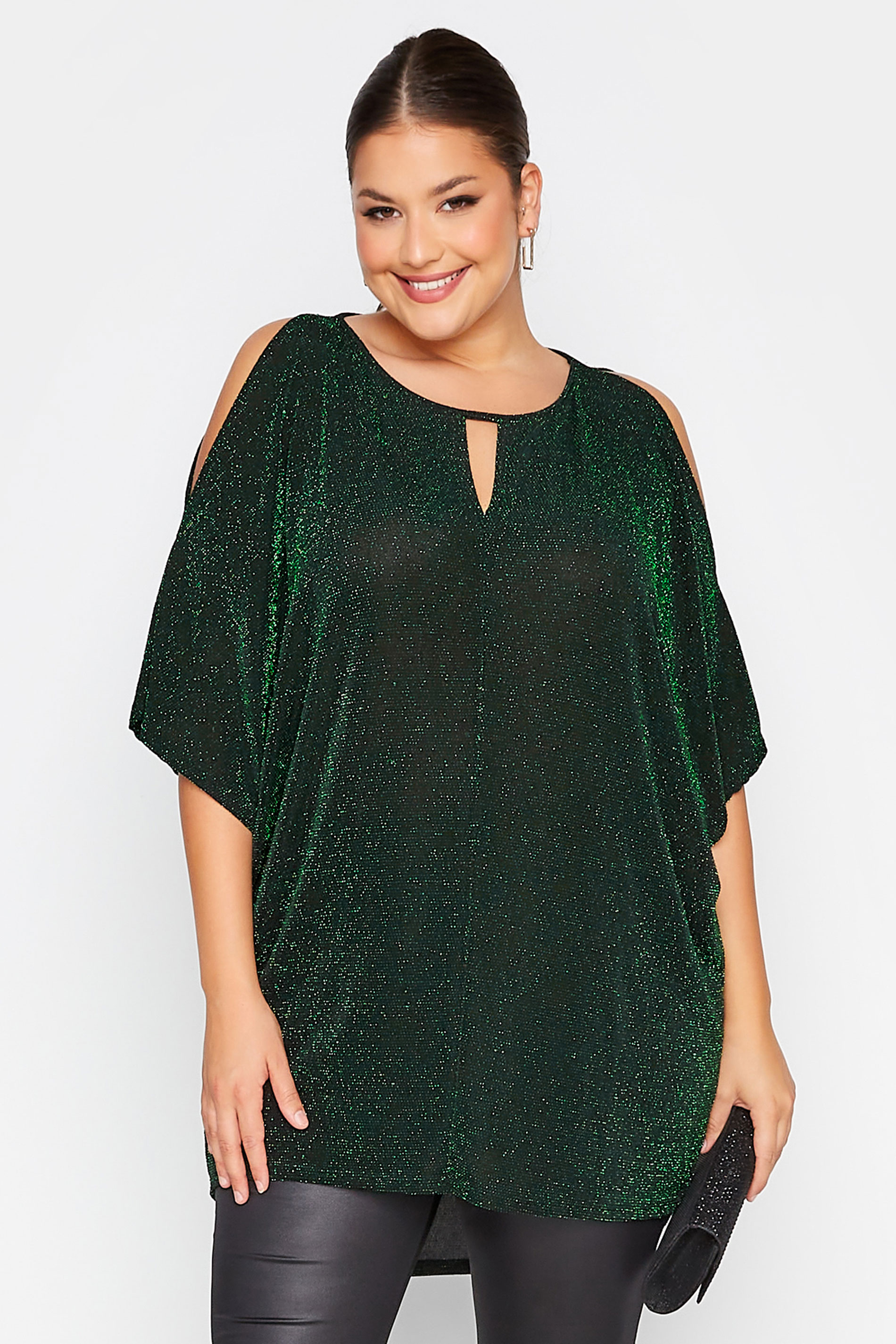 YOURS LONDON Plus Size Green Glitter Cold Shoulder Cape Top | Yours Clothing 1