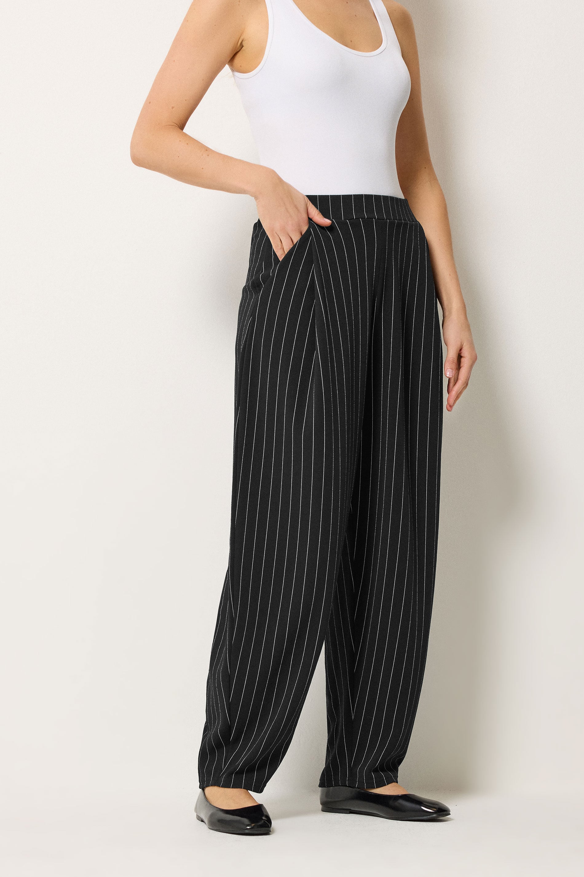 LTS Tall Women's Black Pinstripe Barrel Leg Trousers | Long Tall Sally 1