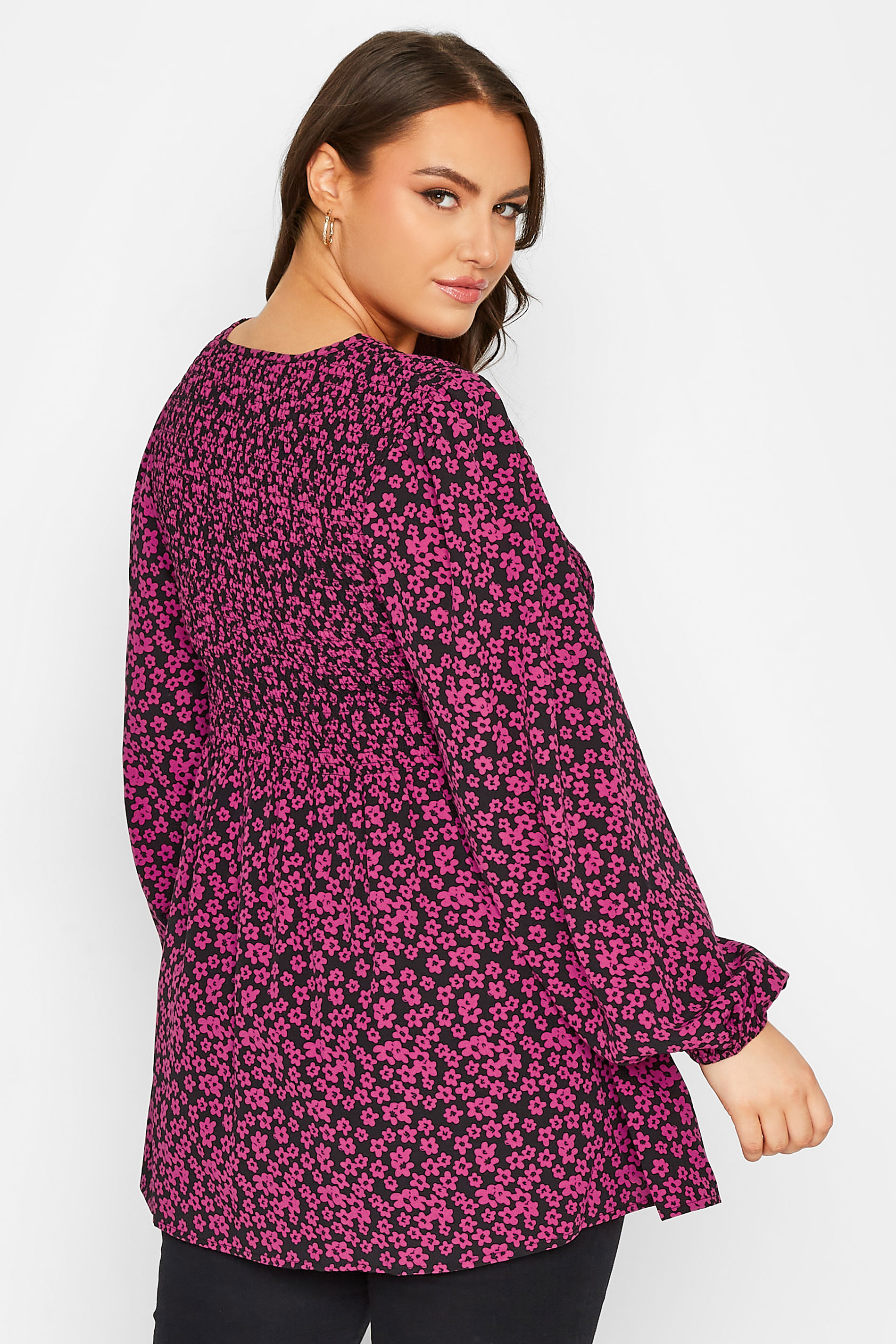 Plus Size Pink Floral Print Balloon Sleeve Shirred Top | Yours Clothing 3