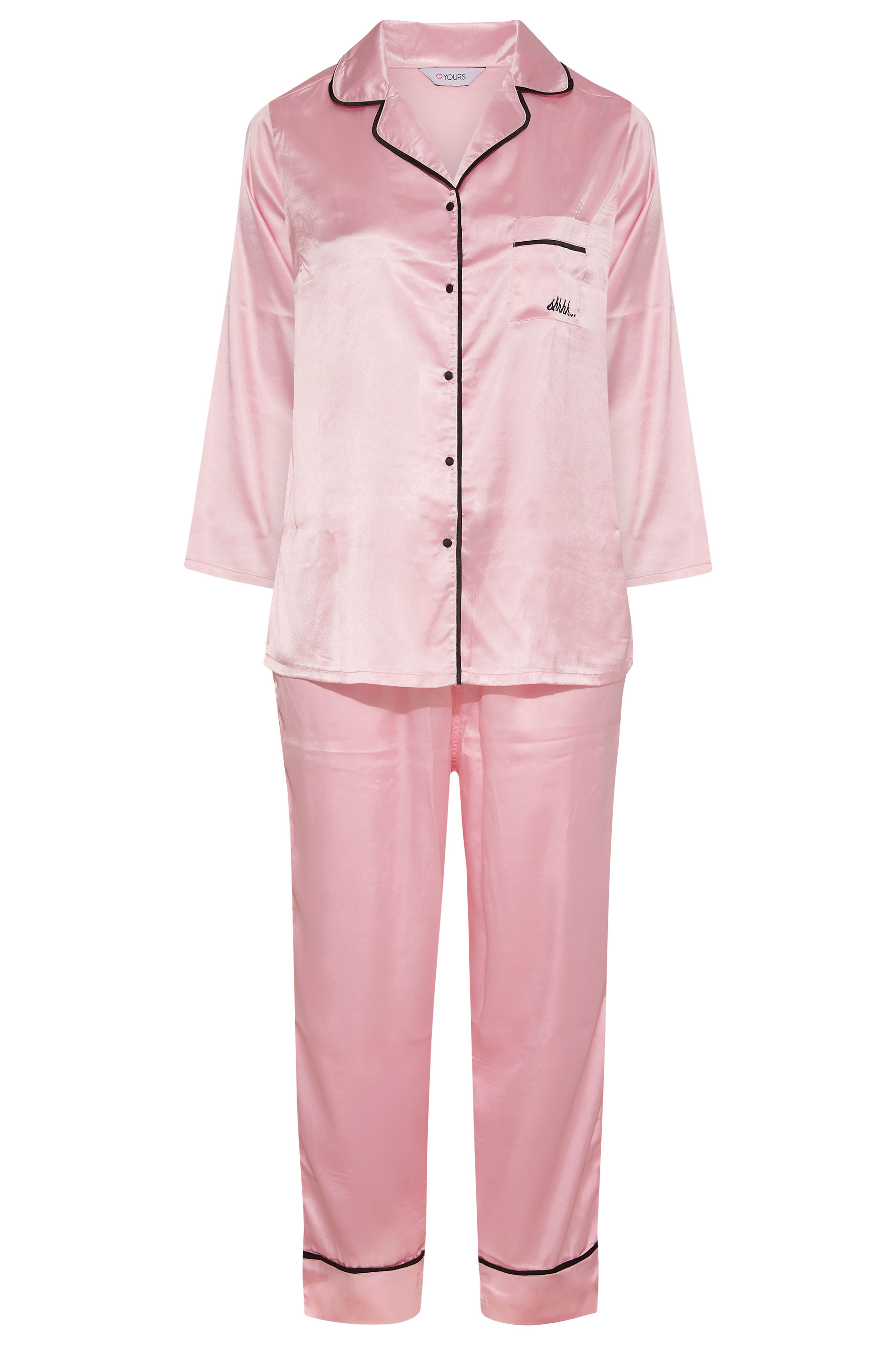 Plus Size Pink Contrast Piping Satin Pyjama Set | Yours Clothing