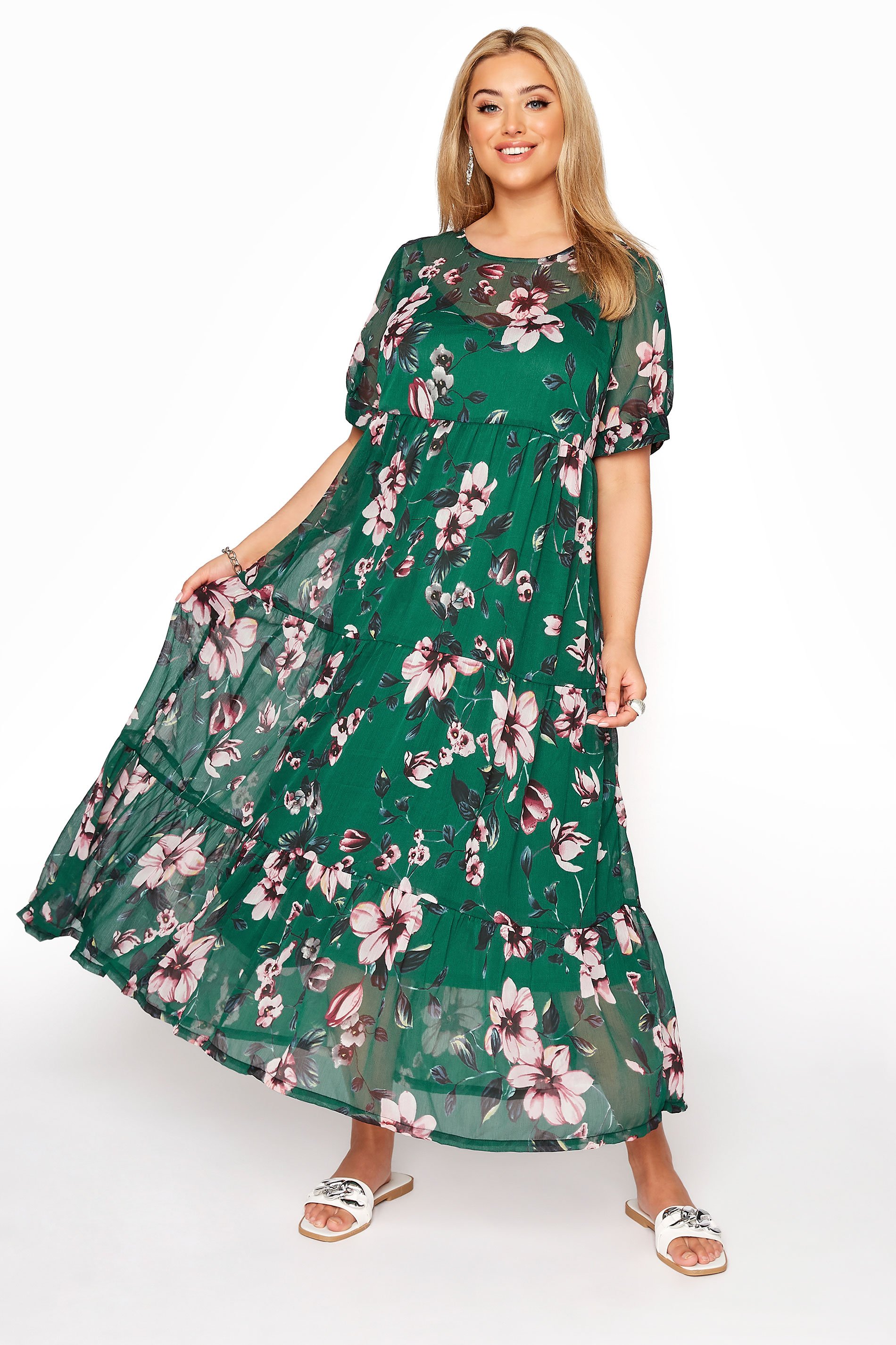 Plus Size Limited Collection Green Floral Print Tiered Maxi Dress Yours Clothing 