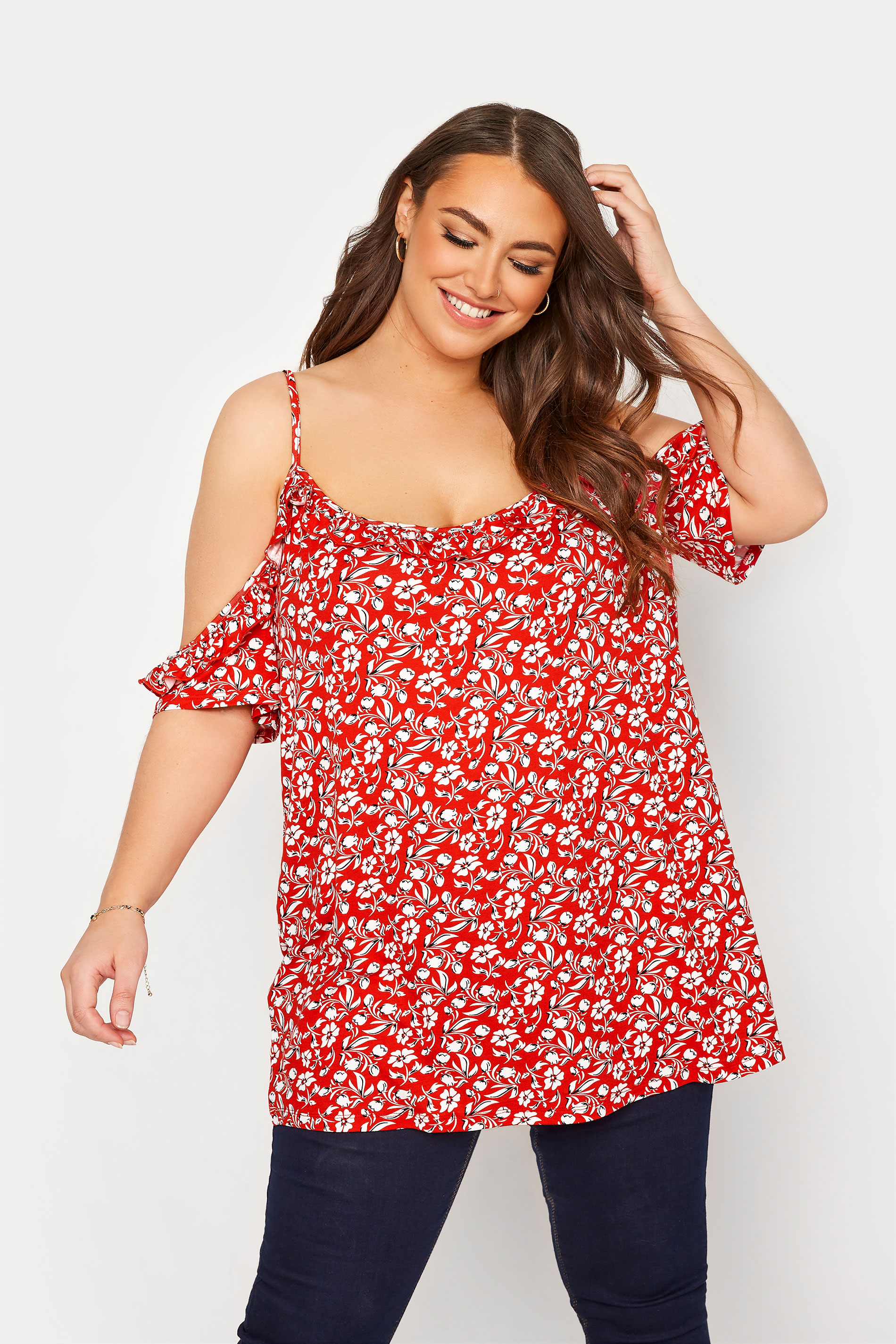 Plus Size Red Floral Print Frill Cold Shoulder Top | Yours Clothing 1