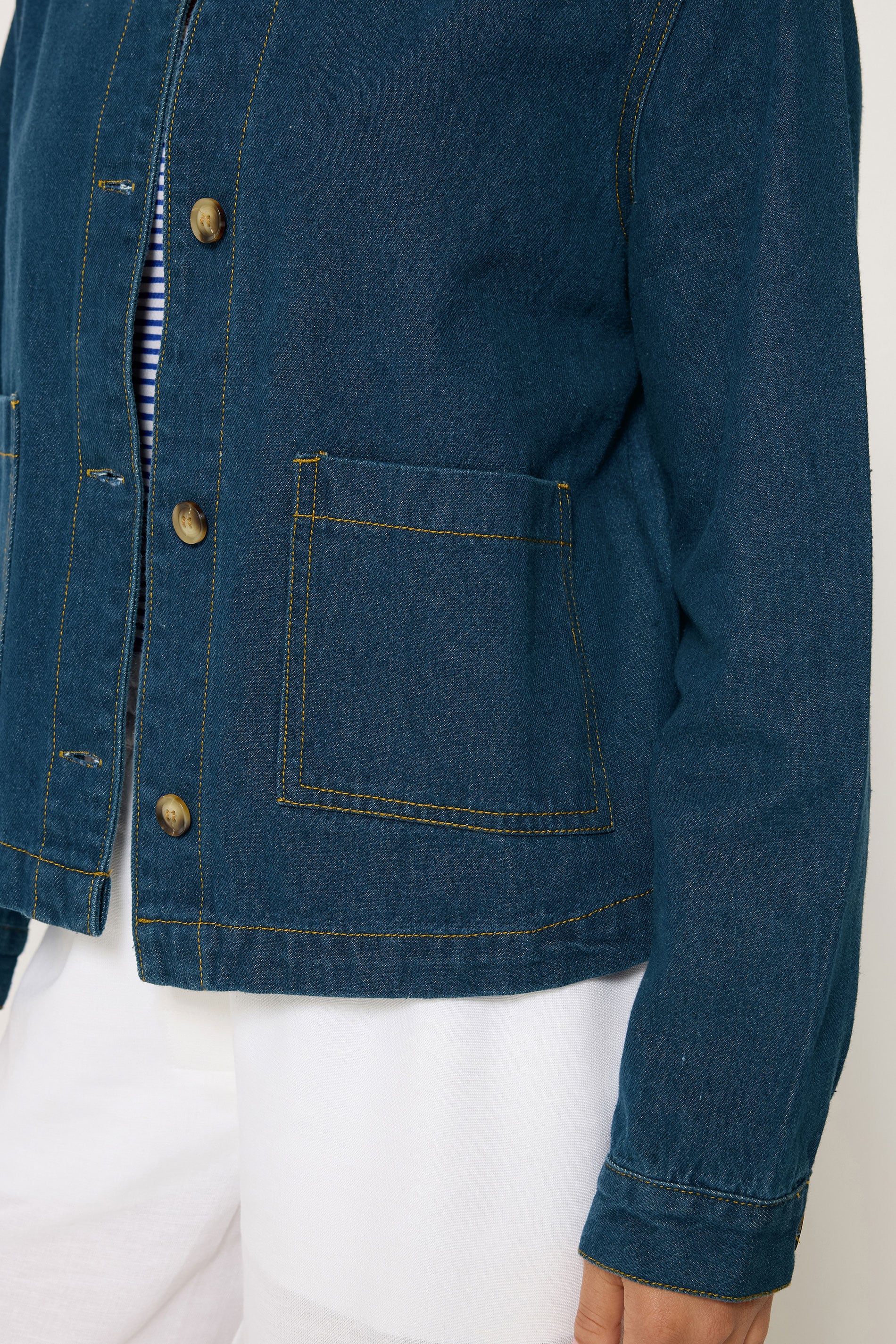 PixieGirl Petite Women's Indigo Blue Collarless Denim Jacket | PixieGirl 4