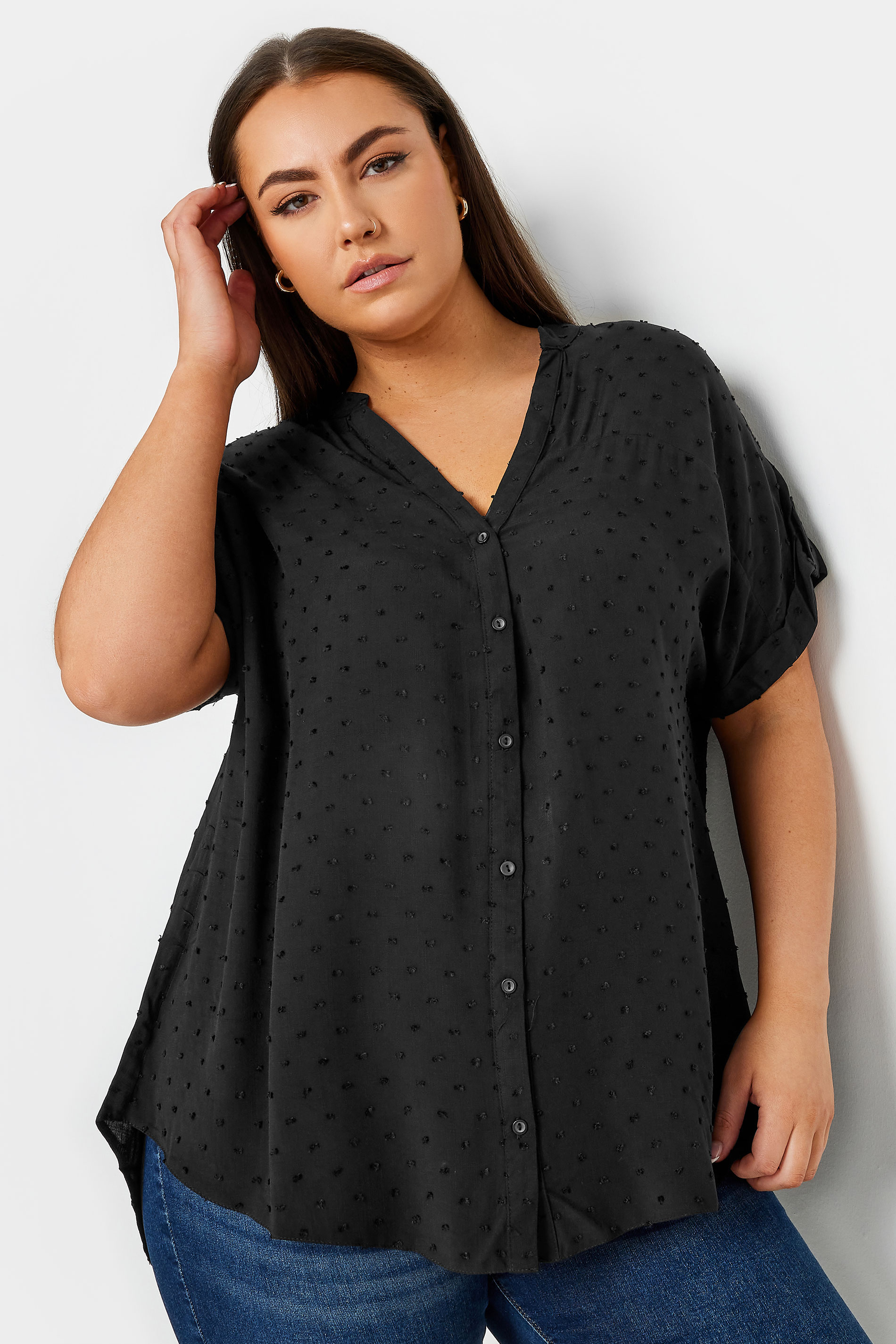 YOURS Plus Size Black Spot Print Button Through Shirt | Yours Clothing 1