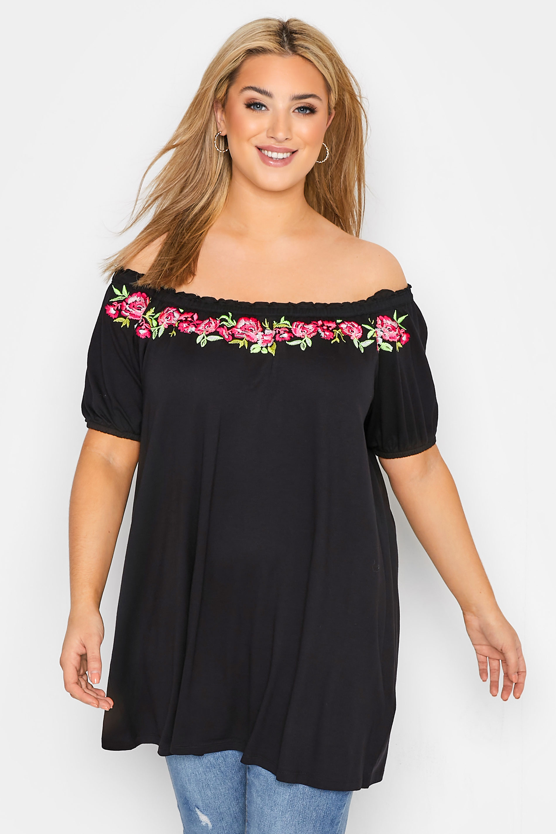 Plus Size Black Embroidered Bardot Top | Yours Clothing 1