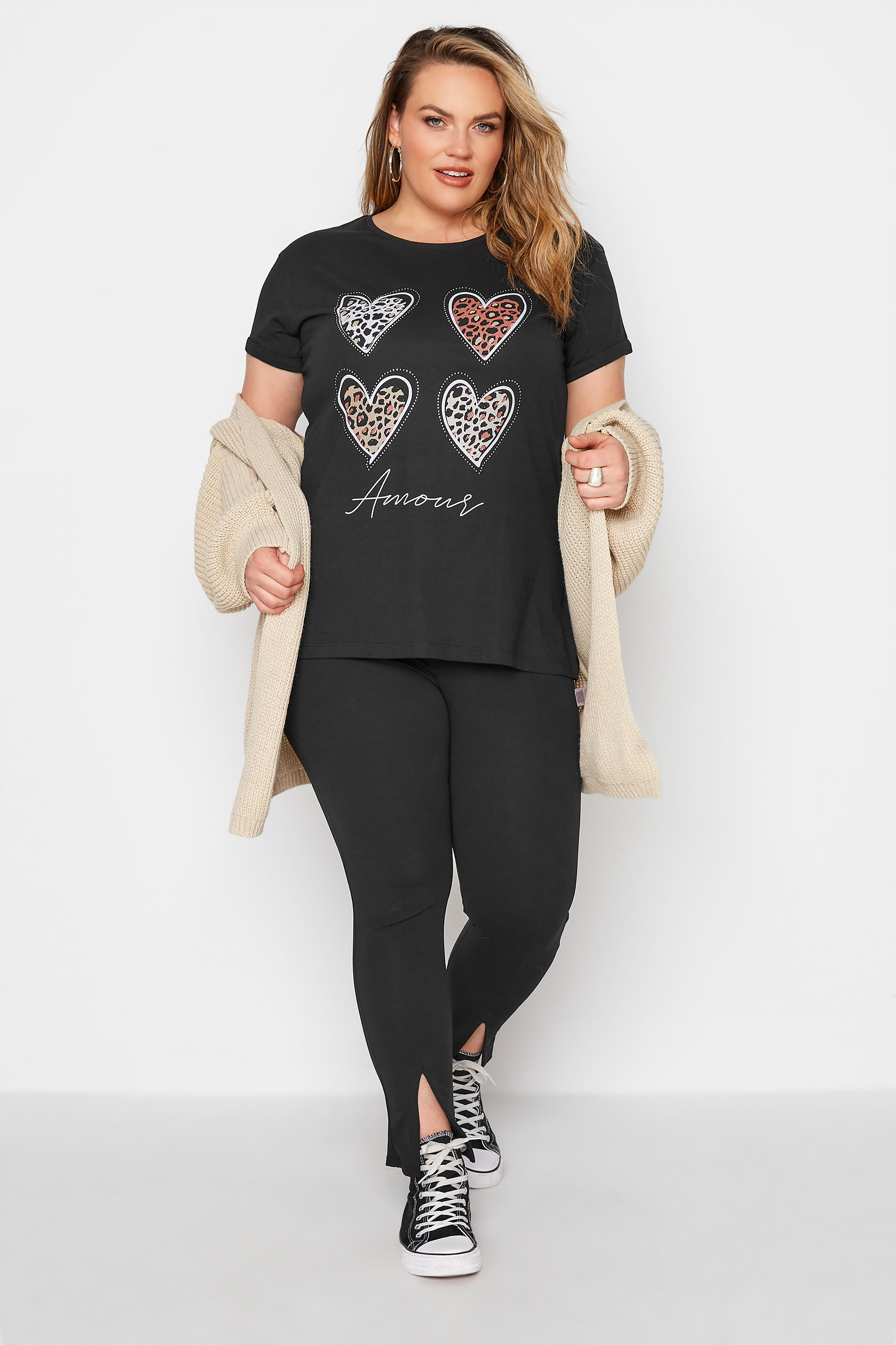 Grande taille  Tops Grande taille  Tops Jersey | T-Shirt Noir Animal & Coeur Slogan 'Amour' - RK57111