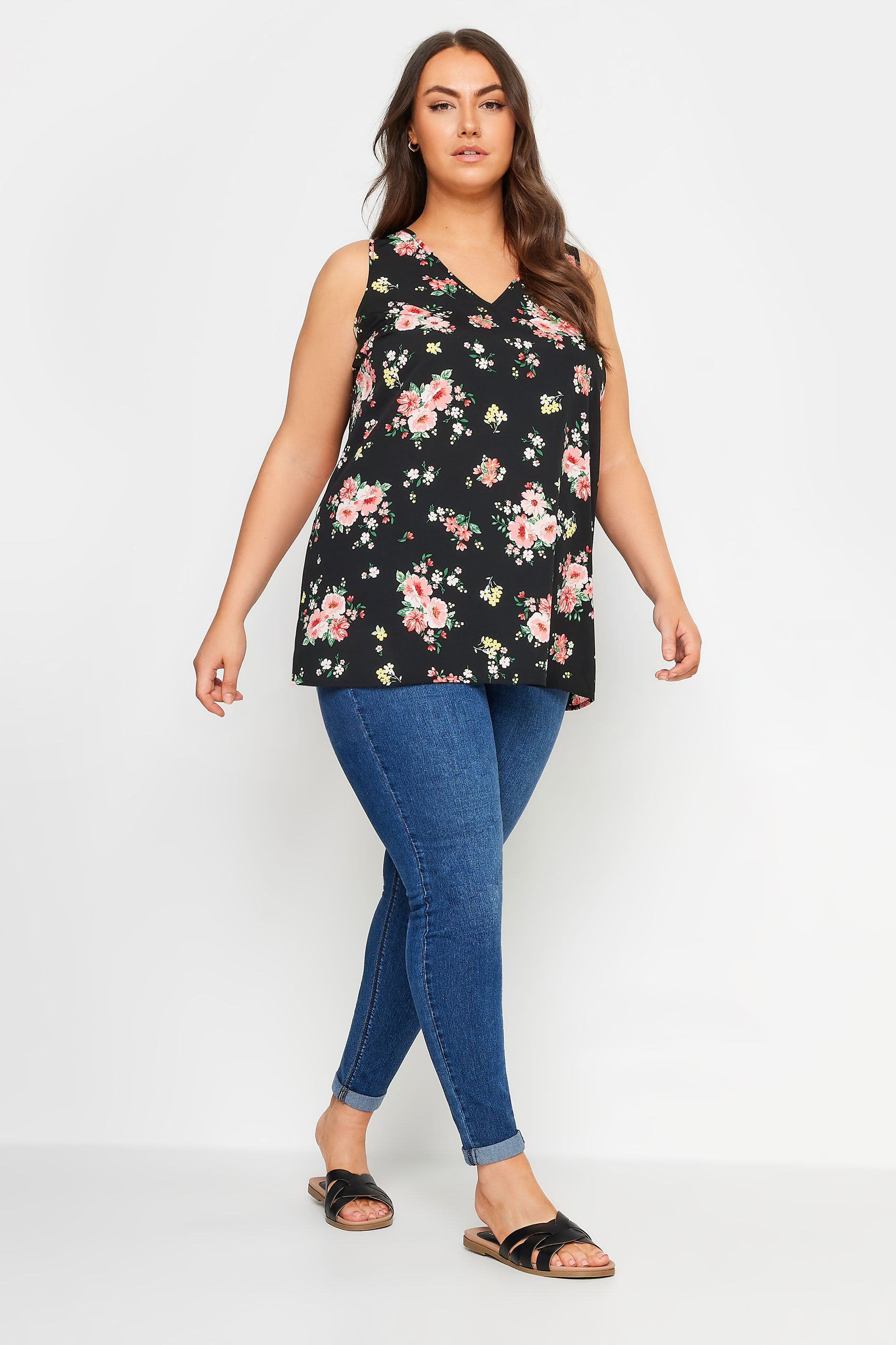 YOURS Plus Size Black & Pink Floral Print Vest Top | Yours Clothing 3