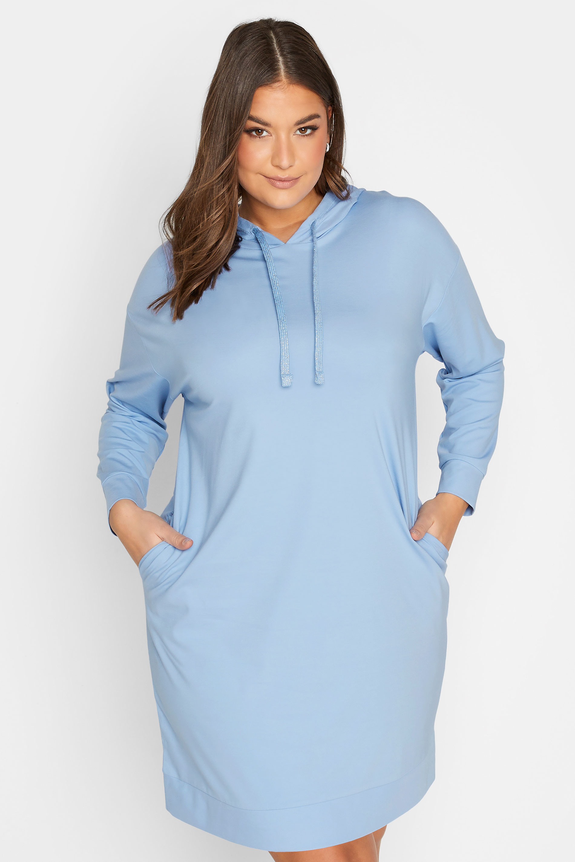 YOURS Plus Size Curve Baby Blue Pocket Hoodie Dress | Yours Clothing  1
