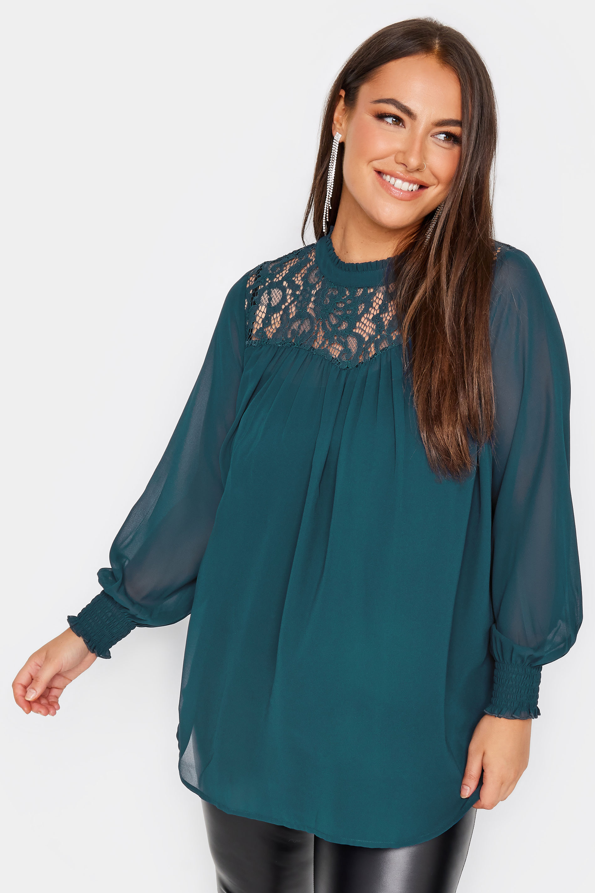 YOURS LONDON Plus Size Blue Lace Ruffle Collar Blouse | Yours Clothing 1