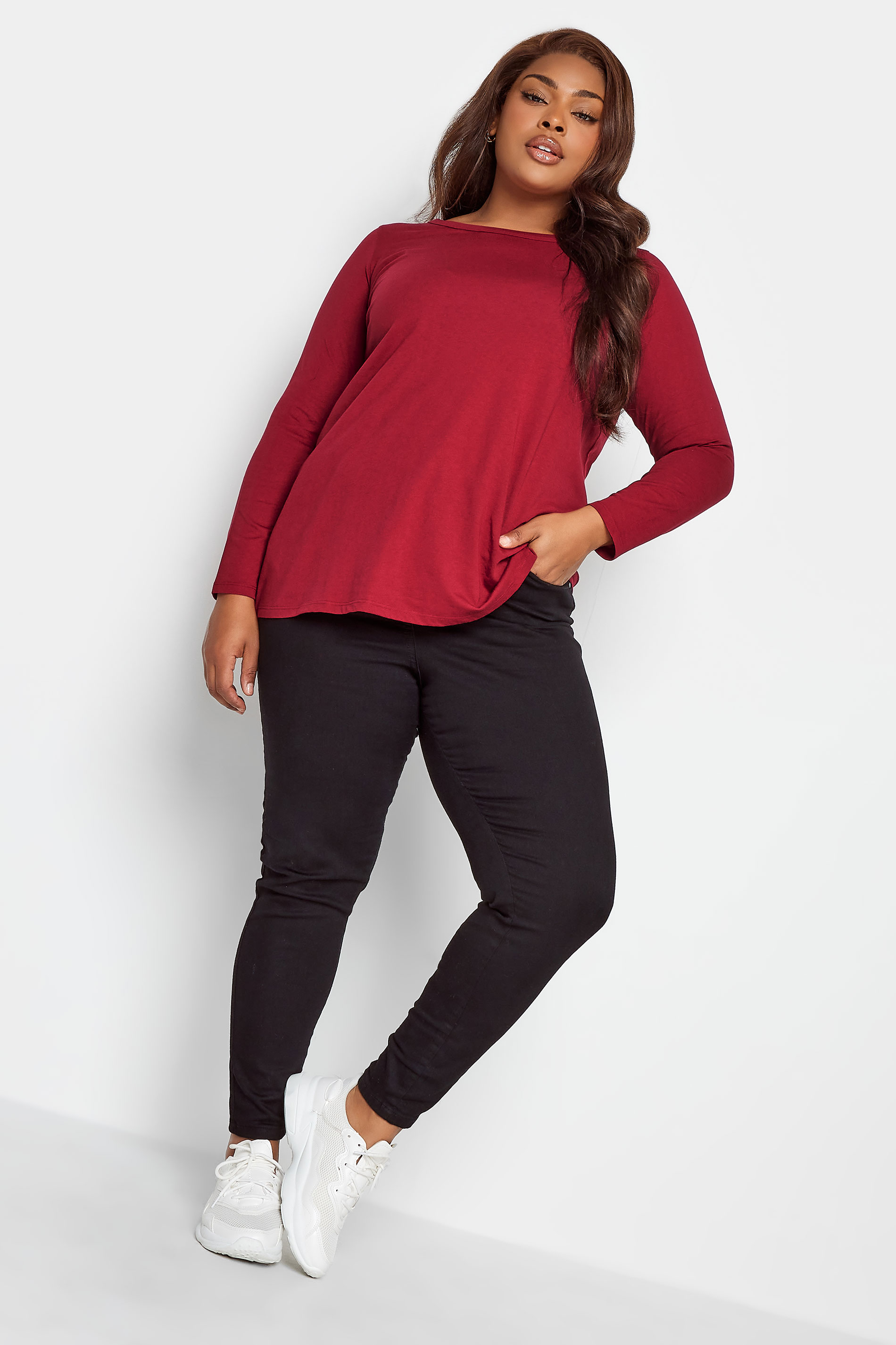 YOURS Curve Plus Size Red Long Sleeve Basic Top | Yours Clothing  2