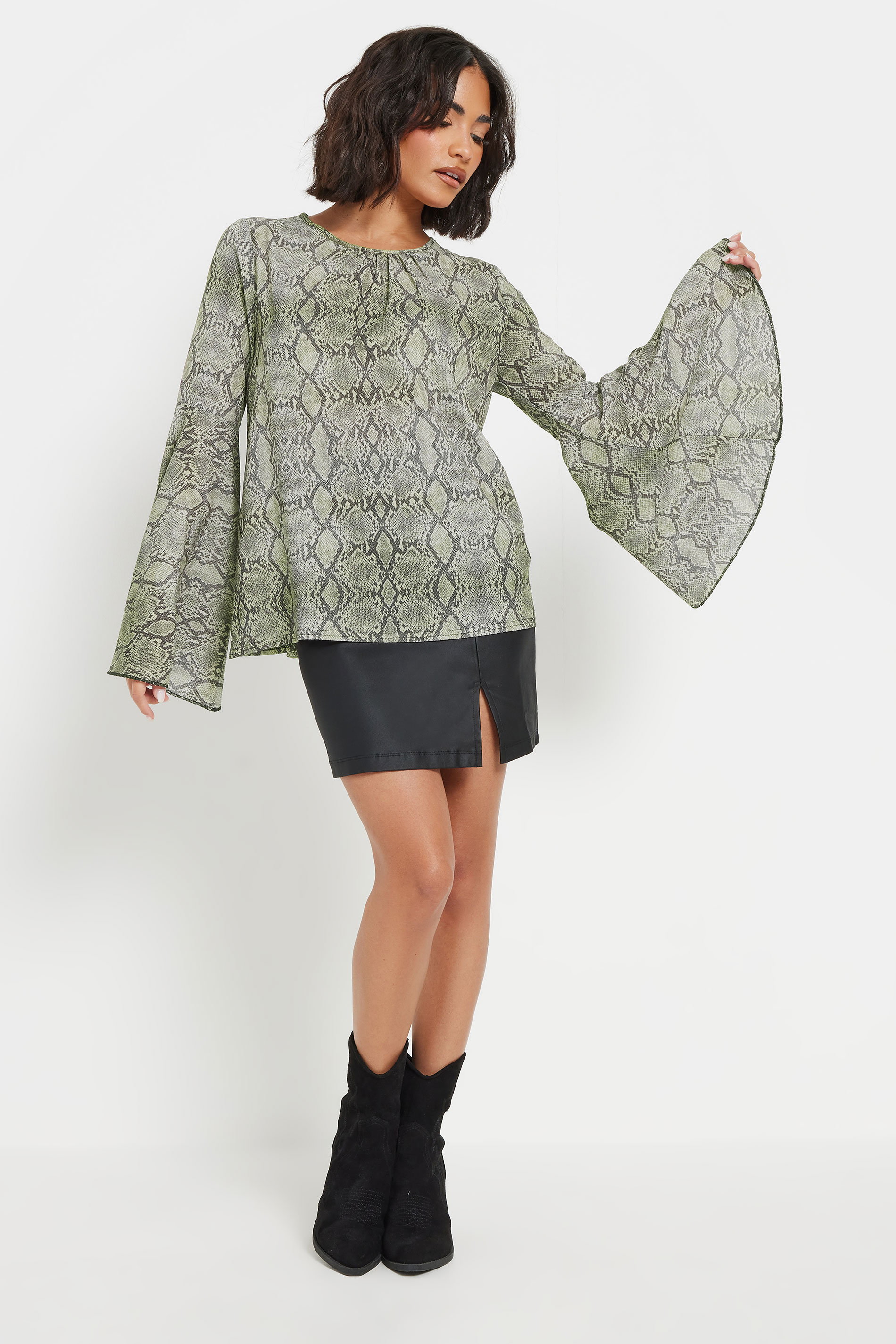 PixieGirl Petite Women's Grey Woven Snake Print Bell Sleeve Top | PixieGirl 1