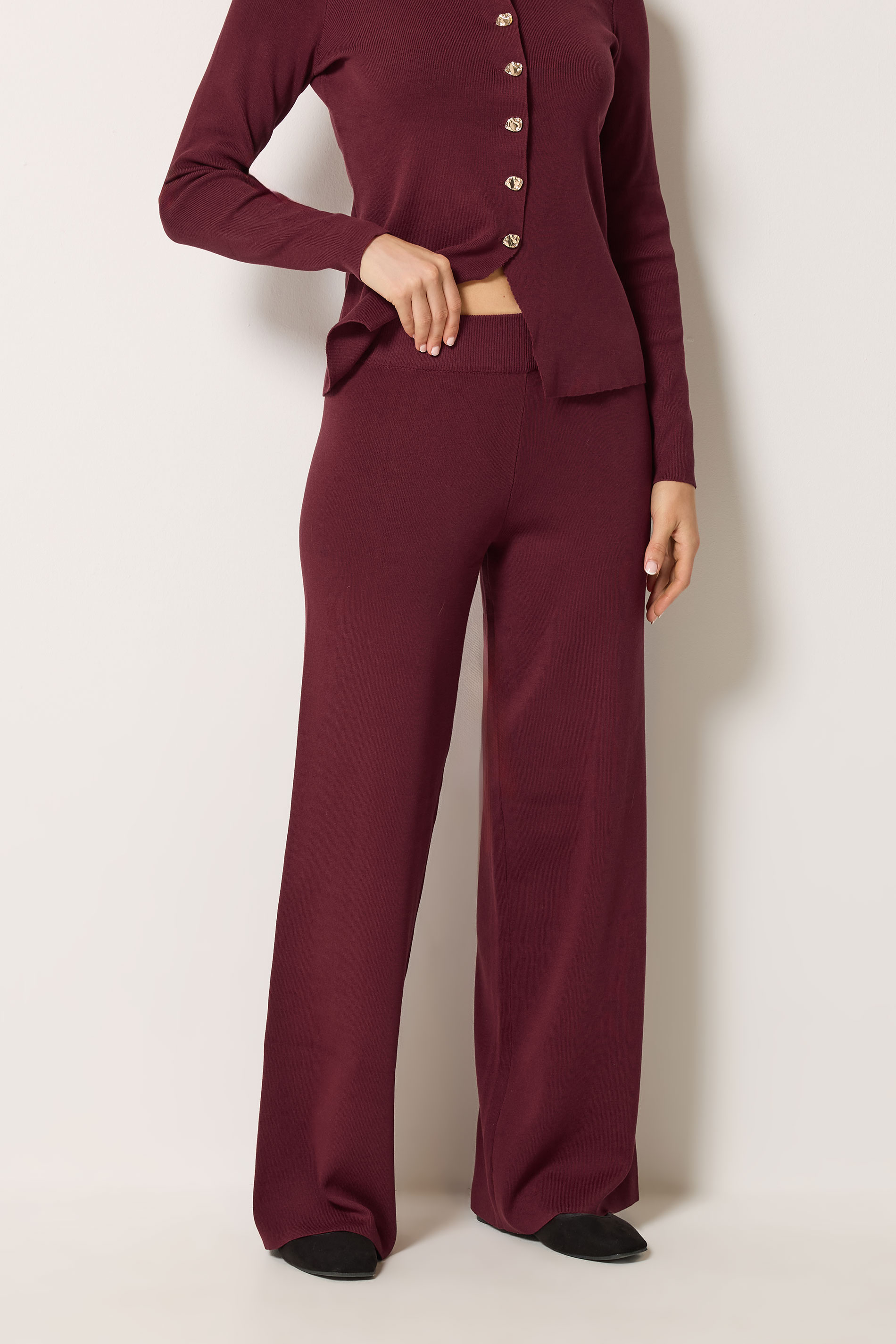 LTS Tall Women's Burgundy Red Wide Leg Knitted Trousers | Long Tall Sally 1