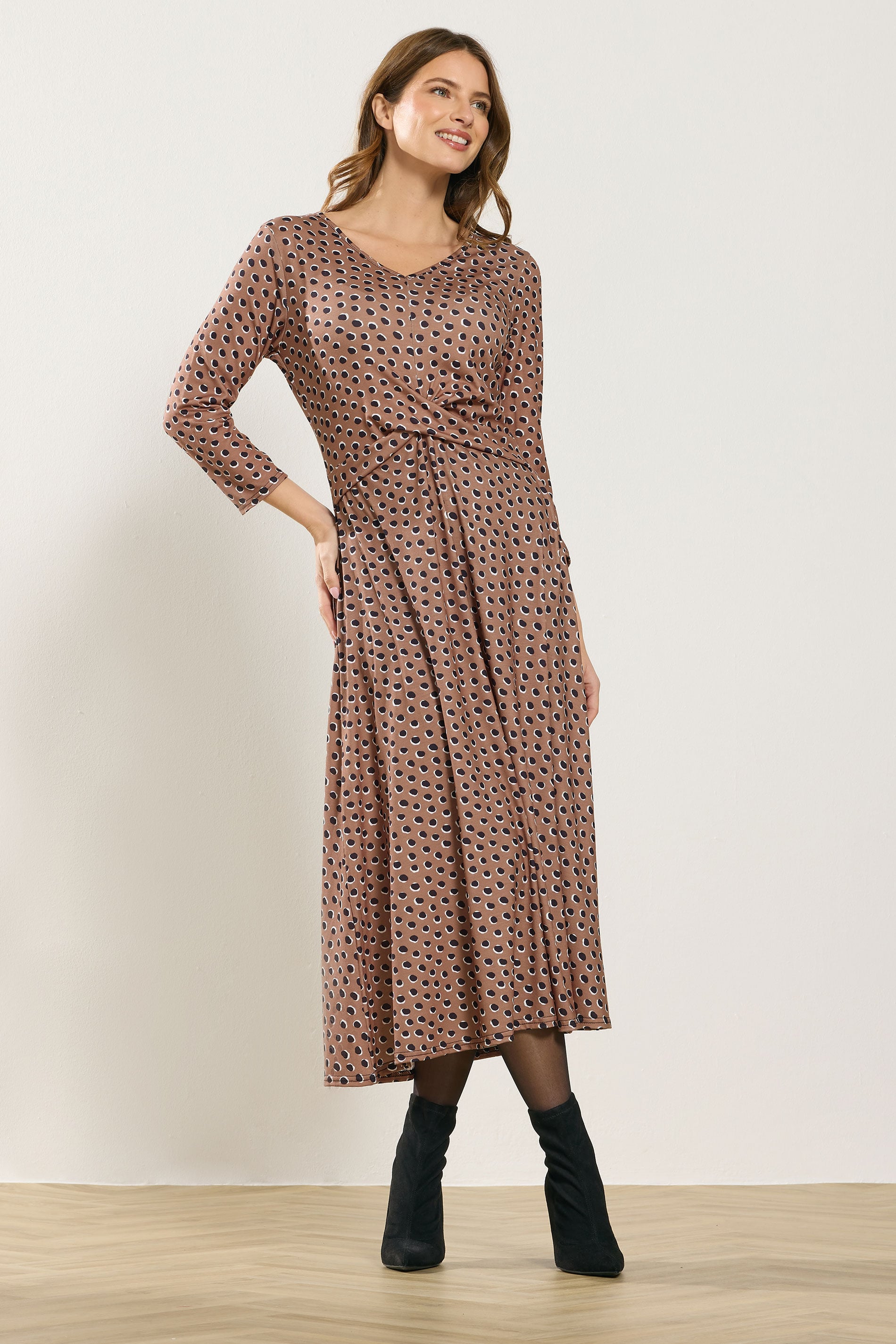 M&Co Mocha Brown Spot Twist Front Dress | M&Co 1