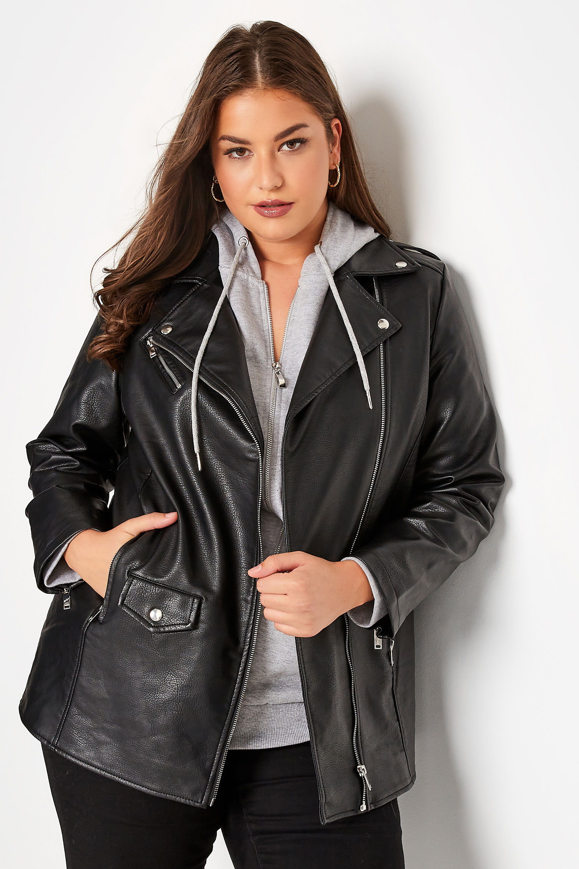 Plus Size Black Faux Leather Longline Biker Jacket | Yours Clothing 2