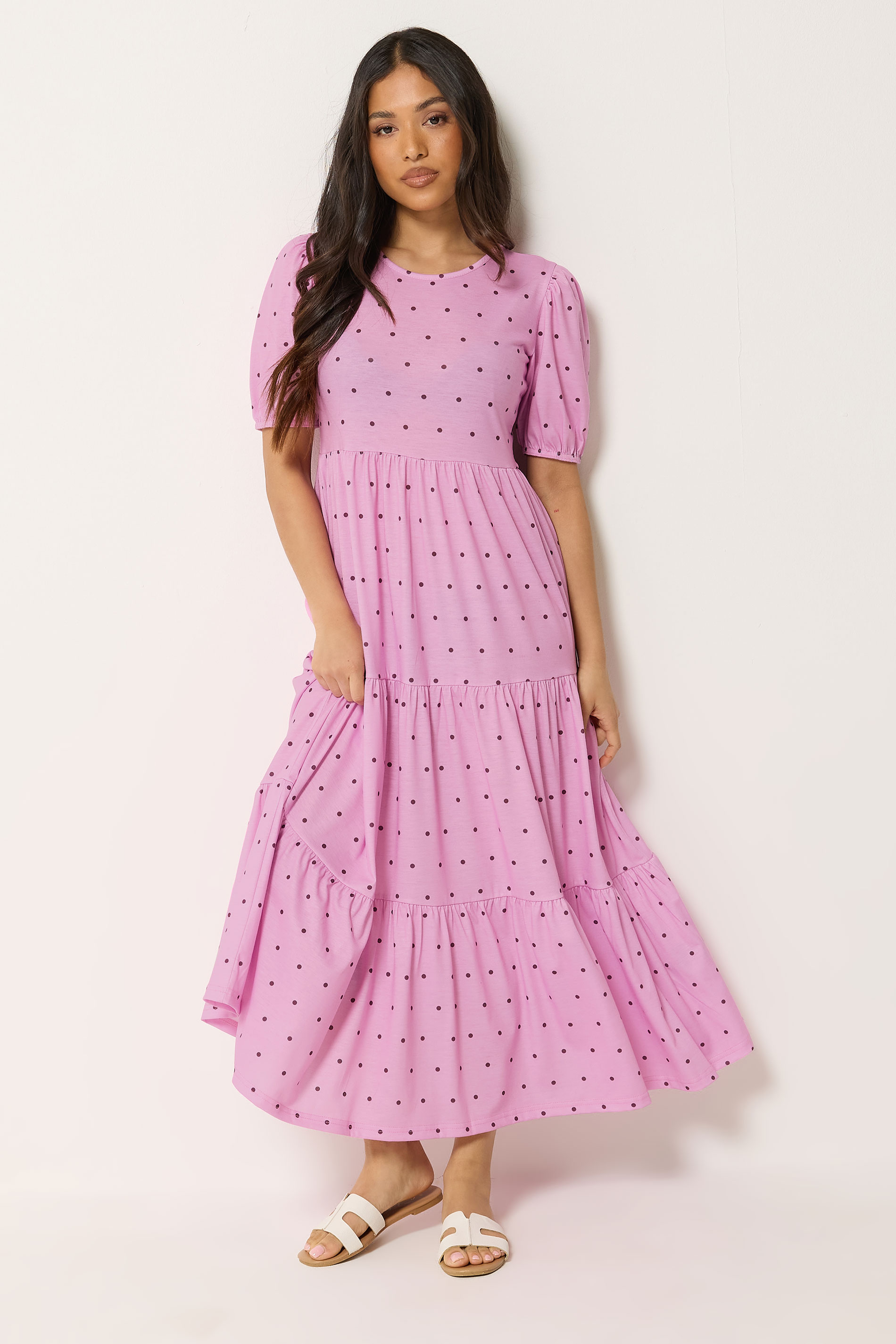 PixieGirl Petite Women's Pink Polka Dot Tiered Maxi Dress | PixieGirl 1