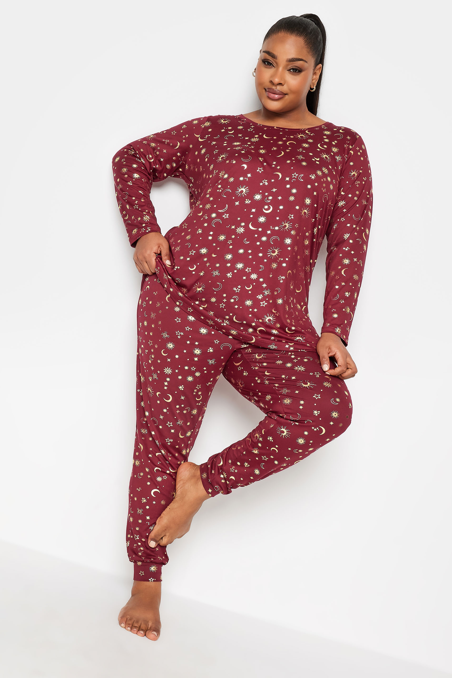 YOURS Plus Size Red Celestial Foil Print Soft Touch Pyjama Set | Yours Clothing 3