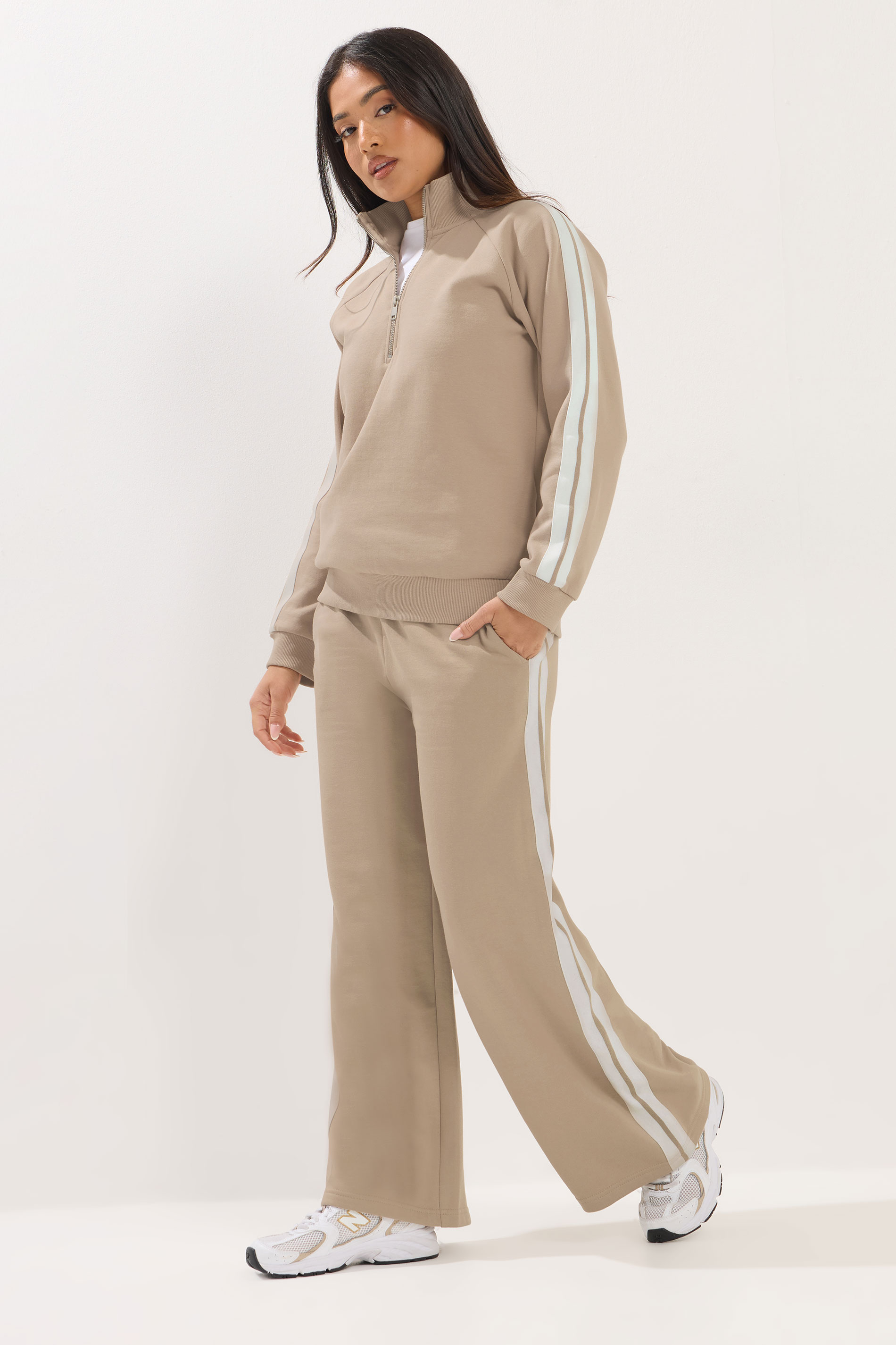 PixieGirl Petite Women's Natural Brown Stripe Quarter Zip Sweatshirt | PixieGirl 1