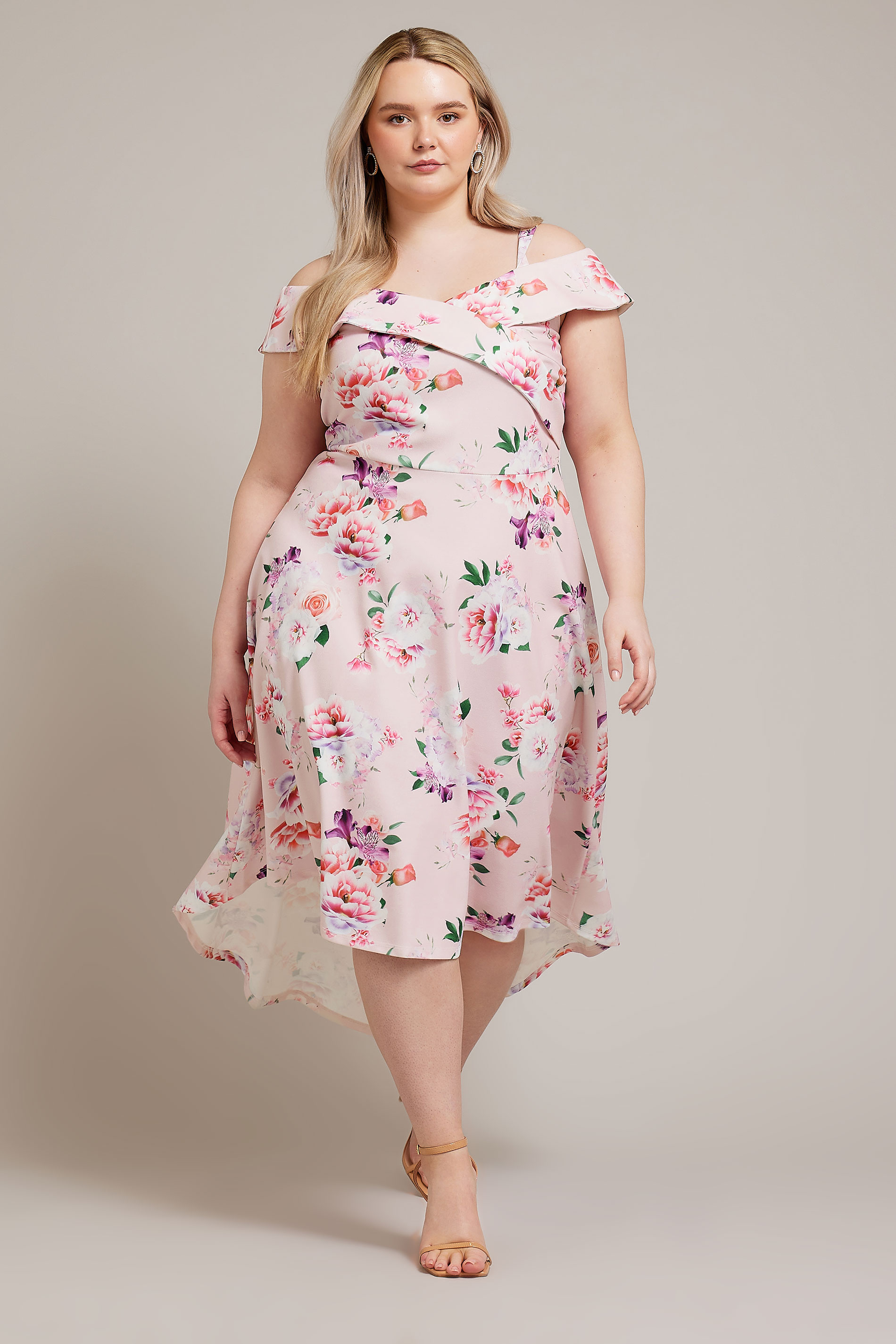 YOURS LONDON Plus Size Pink Floral Print Bardot Dress | Yours Clothing 2