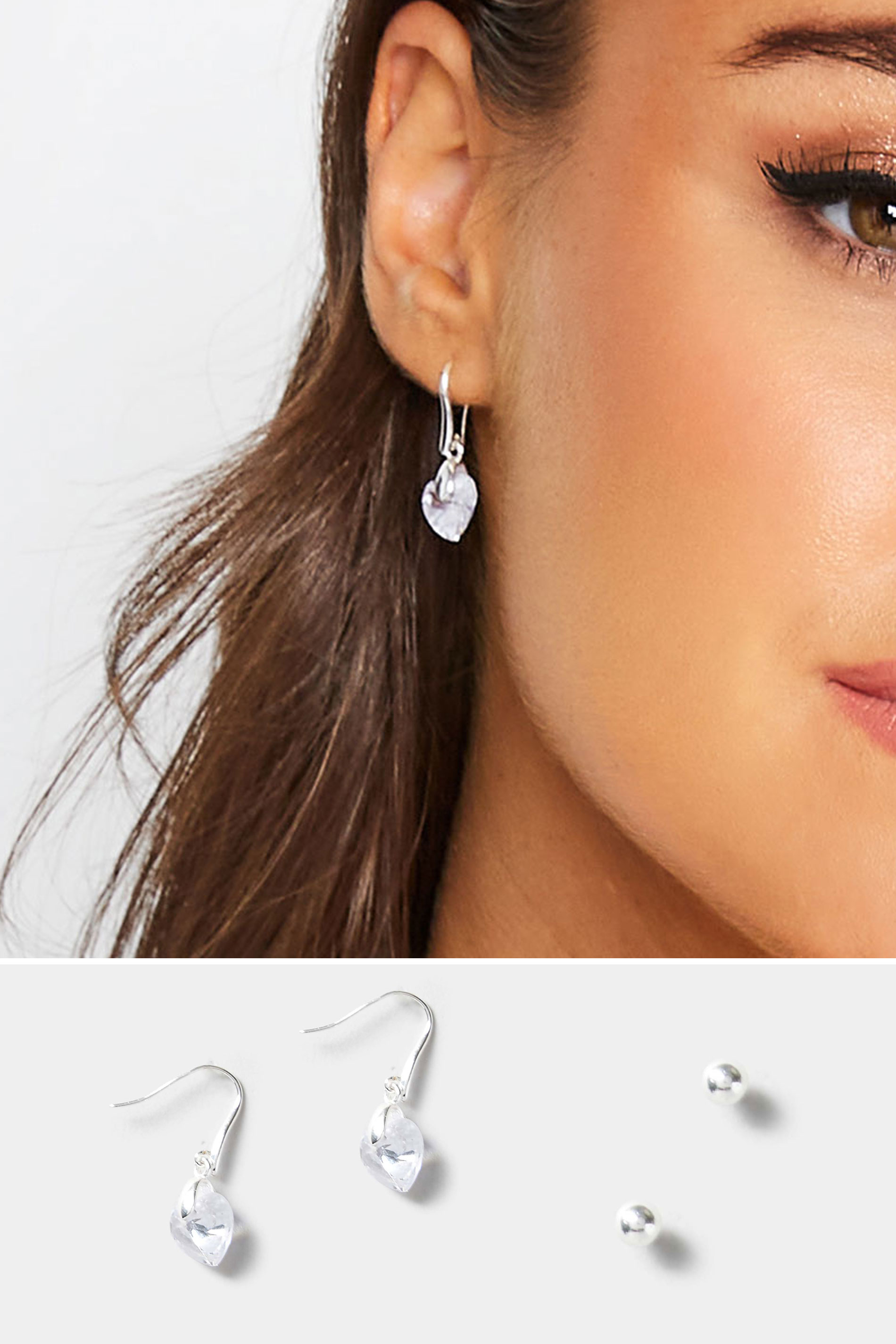 2 PACK Silver Heart Drop & Stud Earrings | Yours Clothing 1