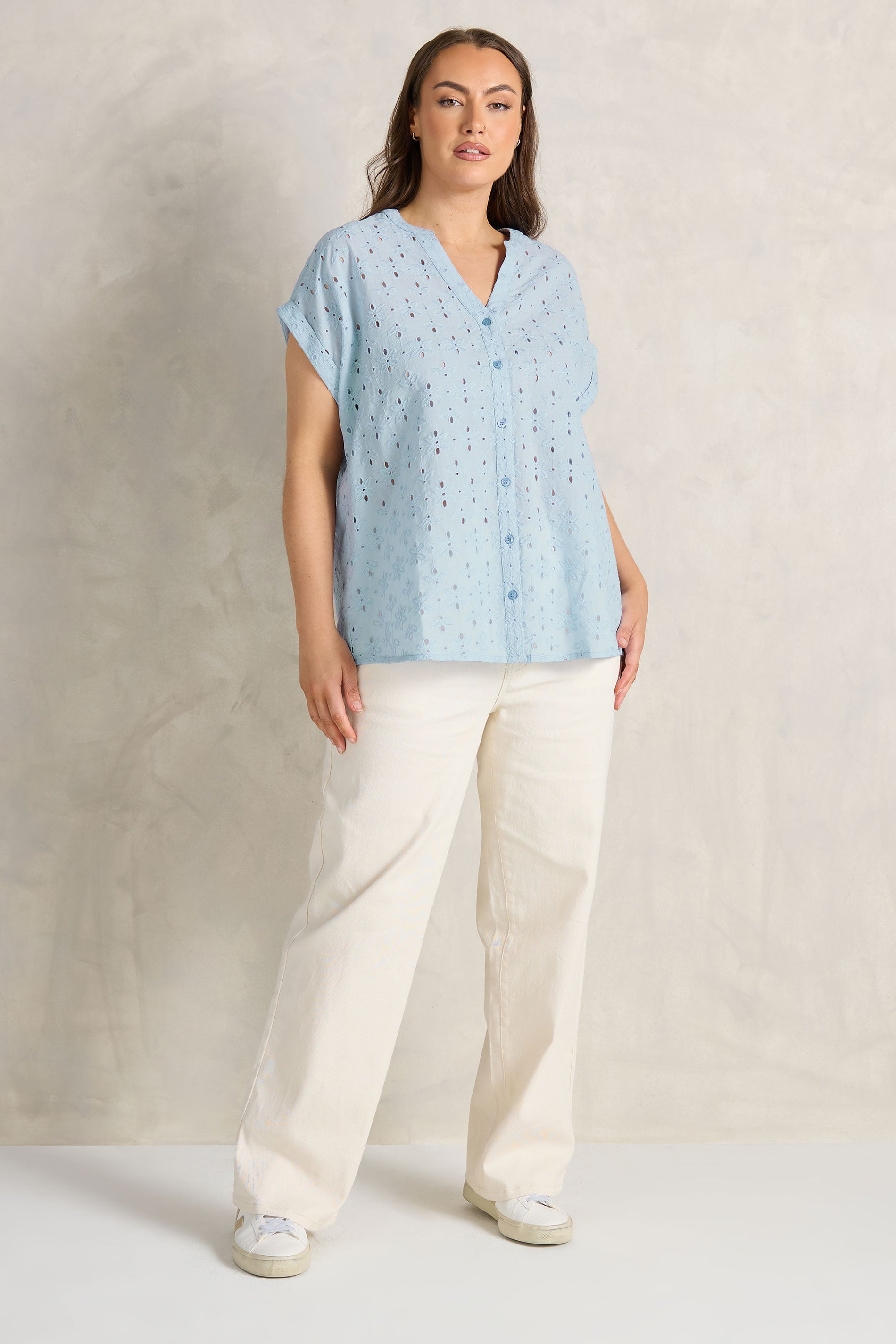 EVANS Plus Size Blue Broderie Short Sleeve Shirt | Evans 2
