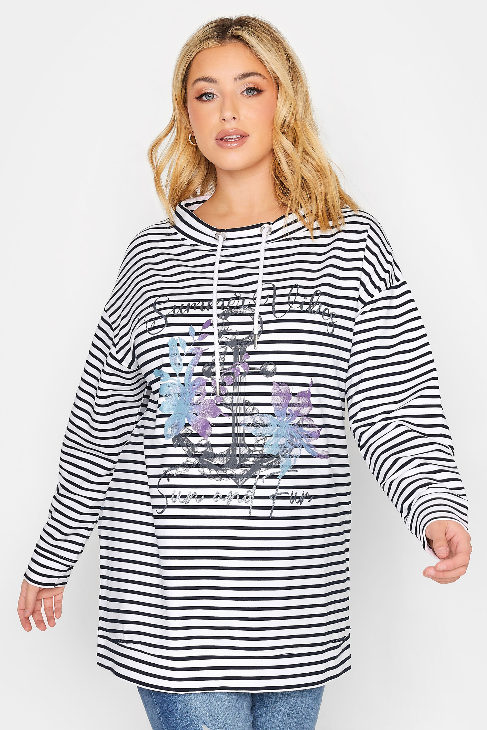YOURS Plus Size Curve White & Black Stripe Anchor Print Sweatshirt | Yours Clothing  1