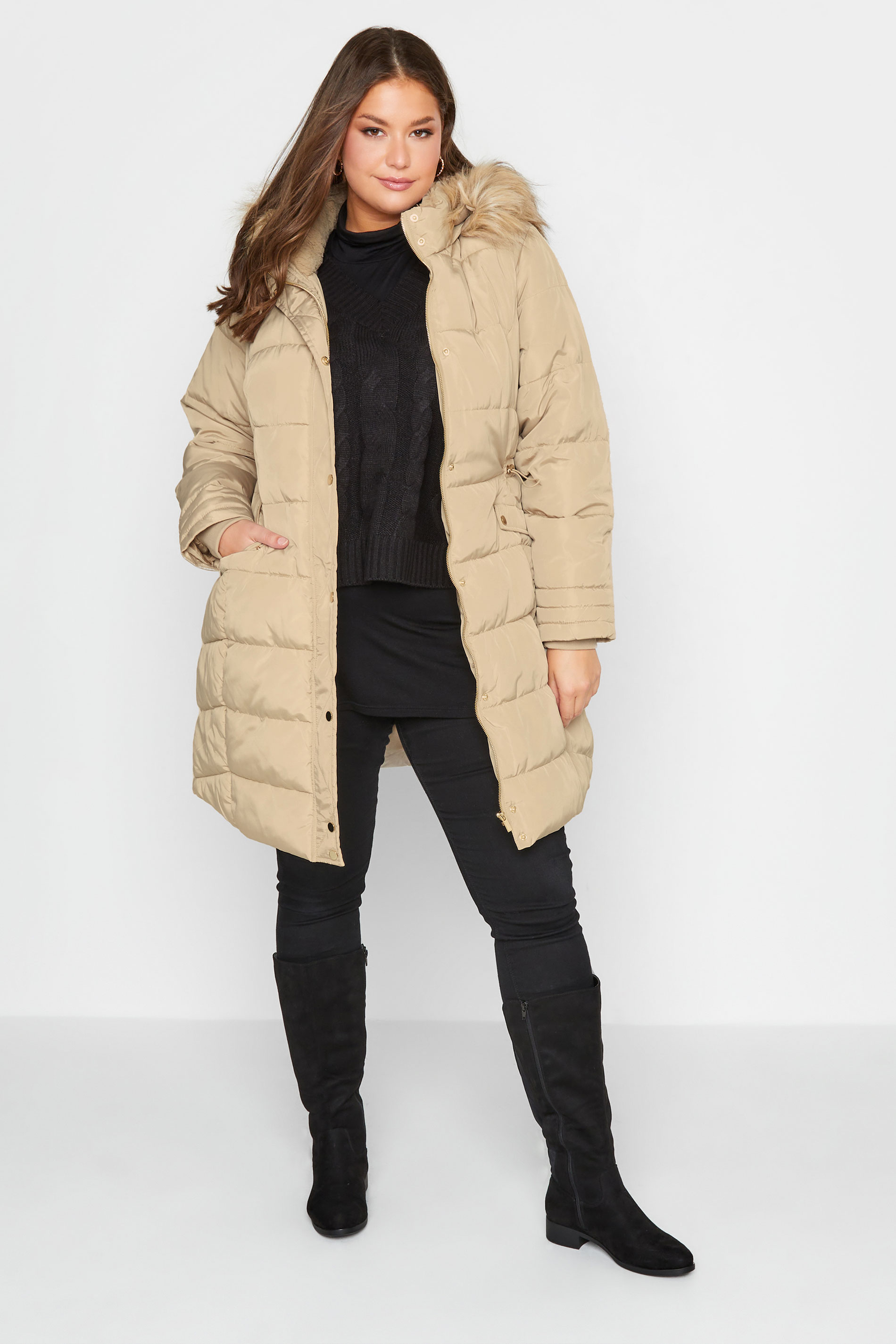 Plus Size Natural Brown Panelled Puffer Midi | Yours Clothing