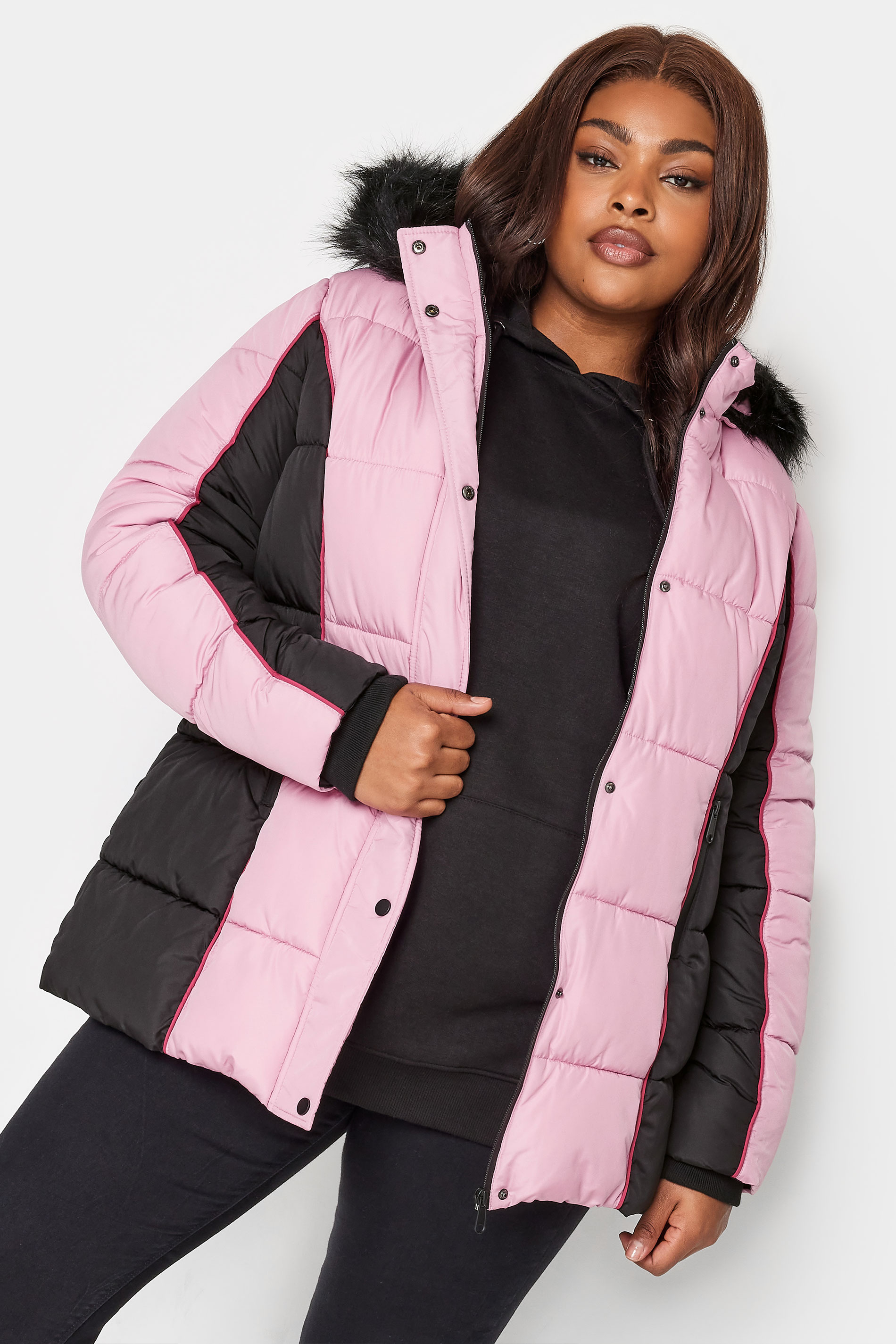 YOURS Plus Size Pink & Black Colourblock Hooded Puffer Jacket | YOURS Clothing 1