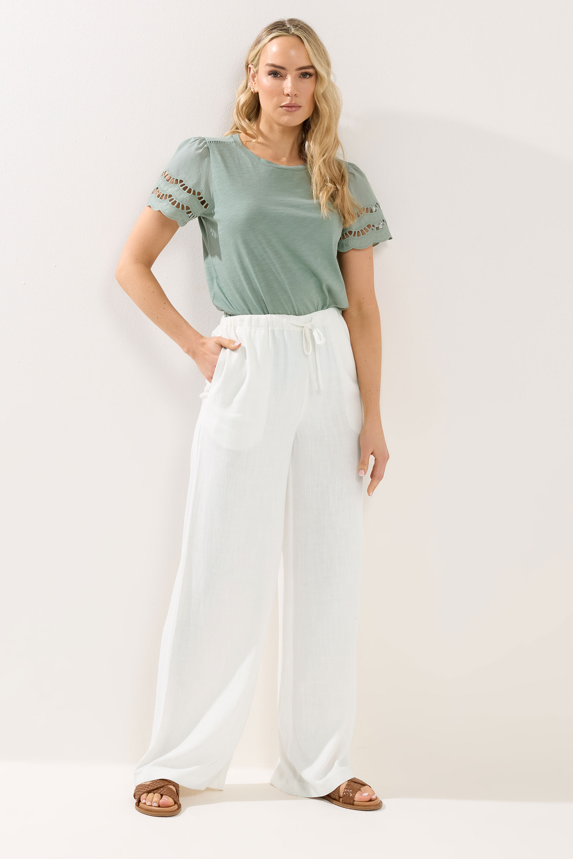 LTS Tall Women's White Wide Leg Linen Trousers | Long Tall Sally 3