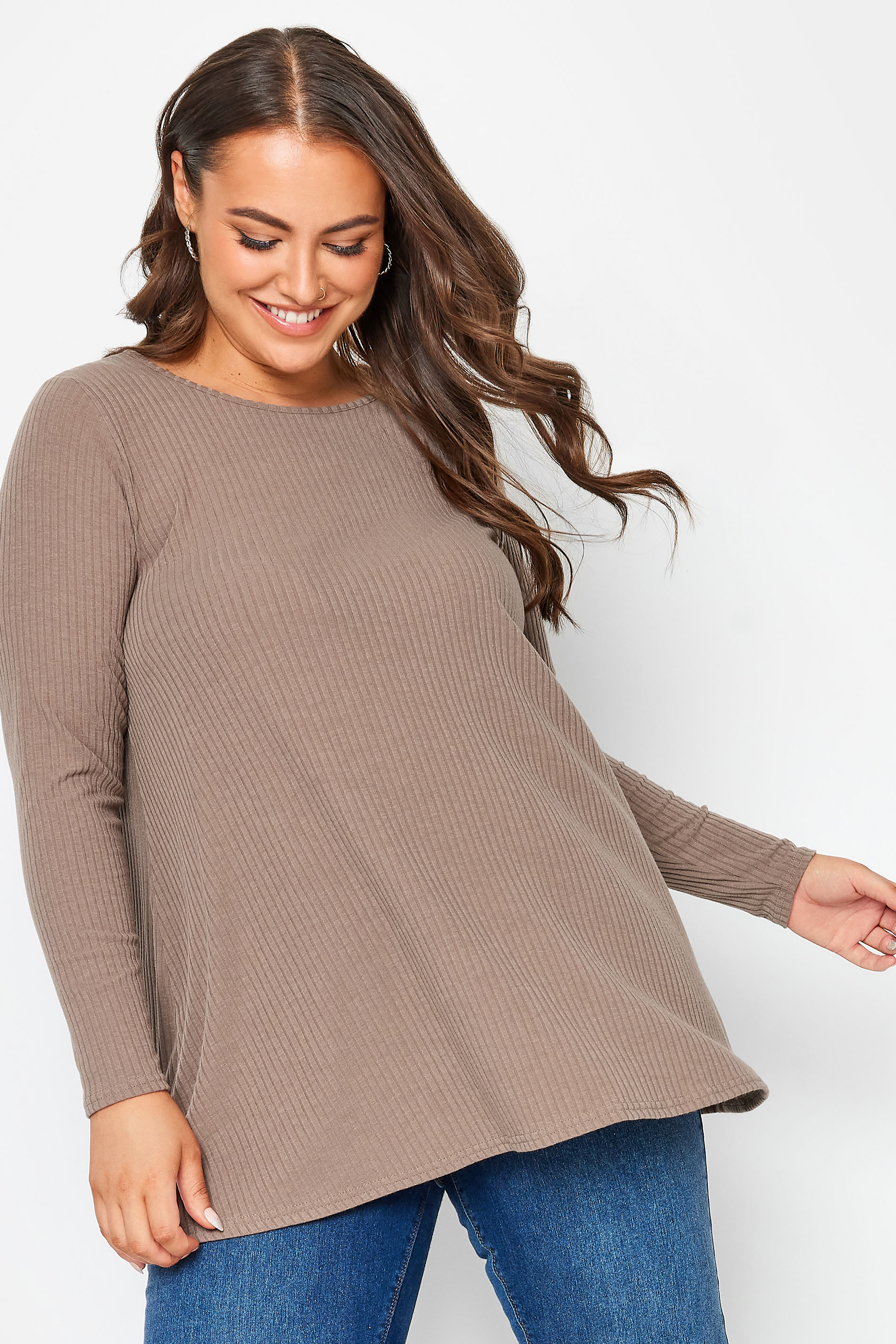 YOURS Plus Size Mocha Brown Ribbed Long Sleeve Swing Top | Yours Clothing 1