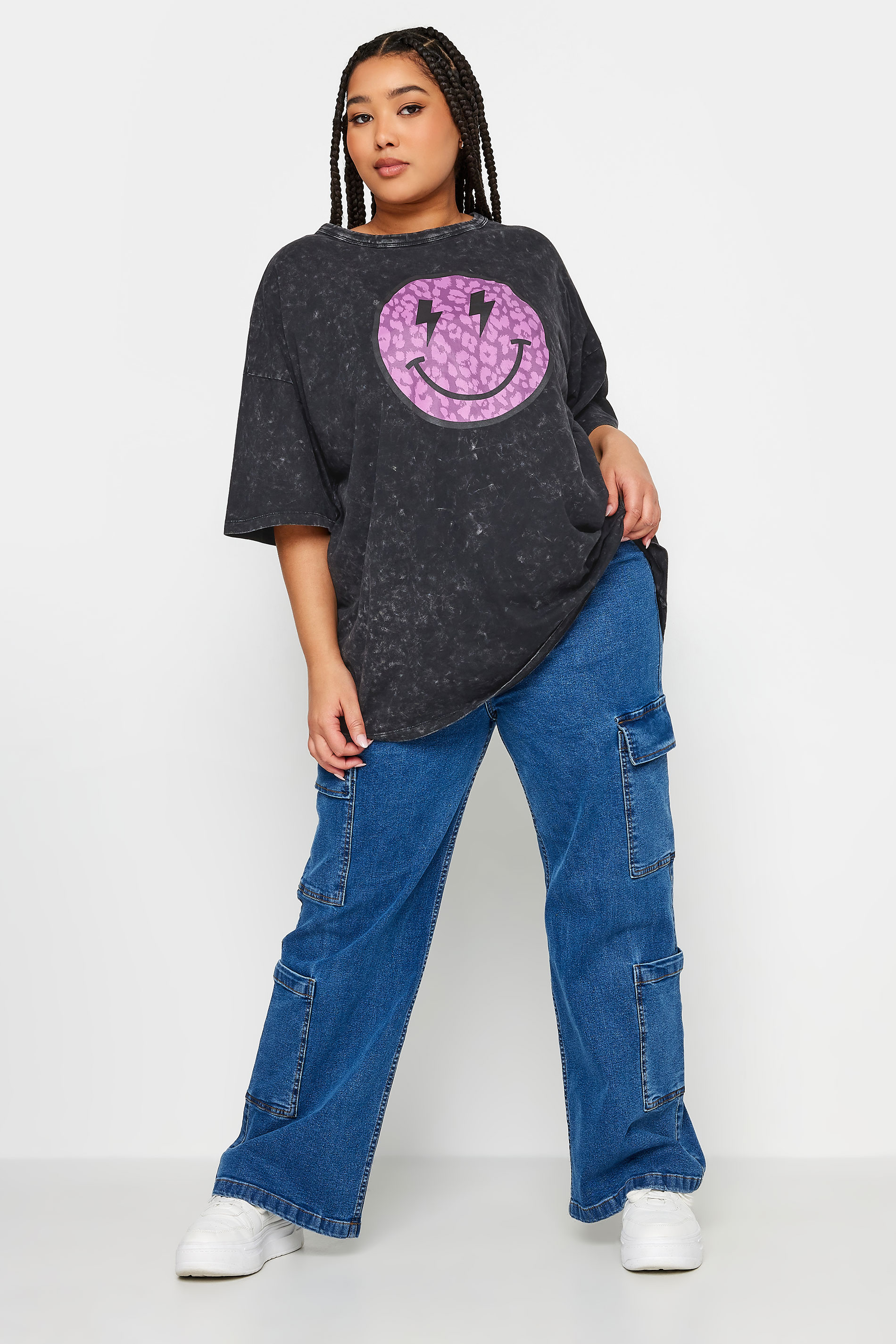 YOURS Curve Plus Size Charcoal Grey & Black Leopard Print Smiley Face T-Shirt | Yours Clothing  3