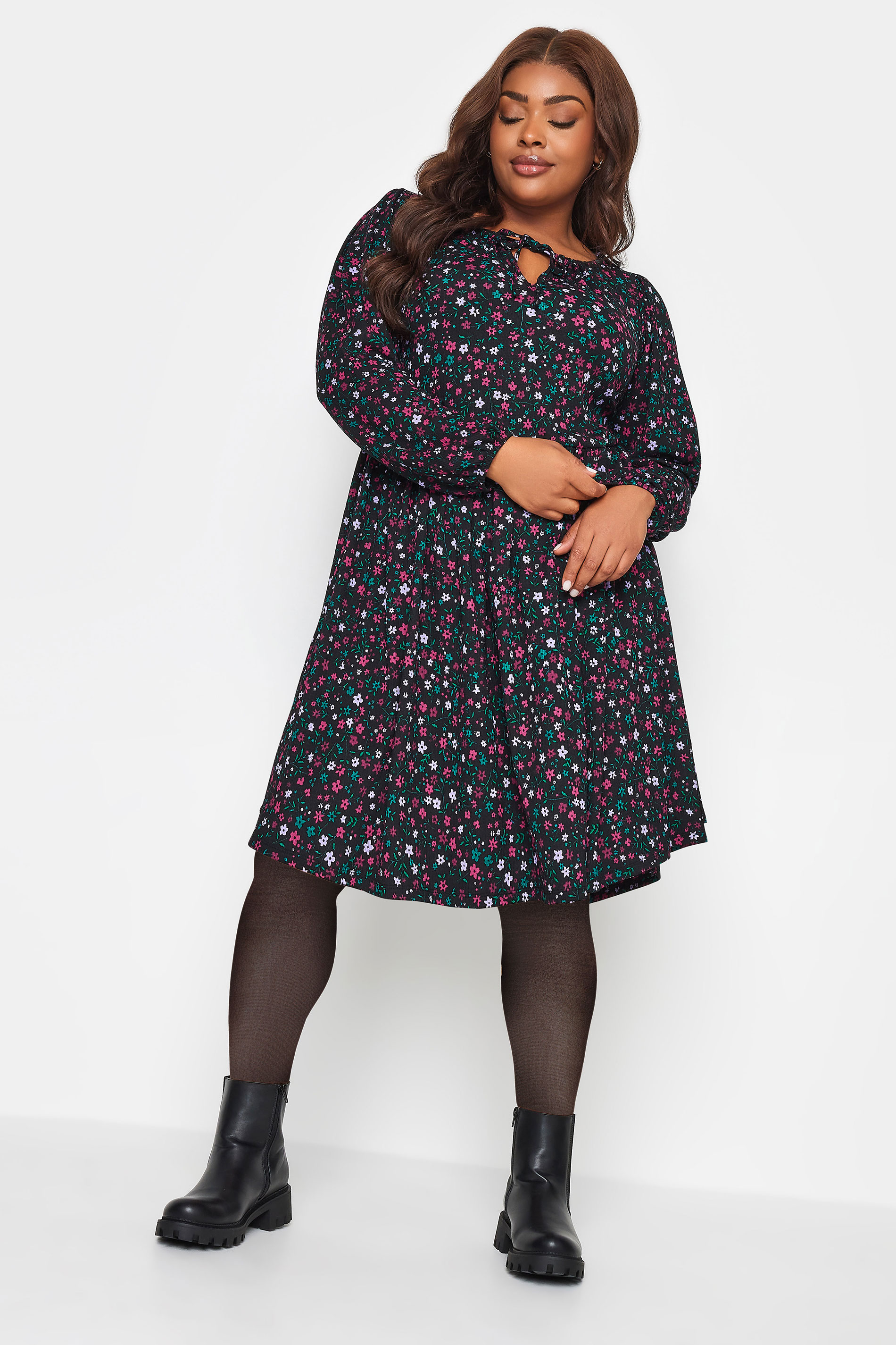 YOURS Plus Size Black Ditsy Floral Print Textured Midi Dress | Yours Clothing 1
