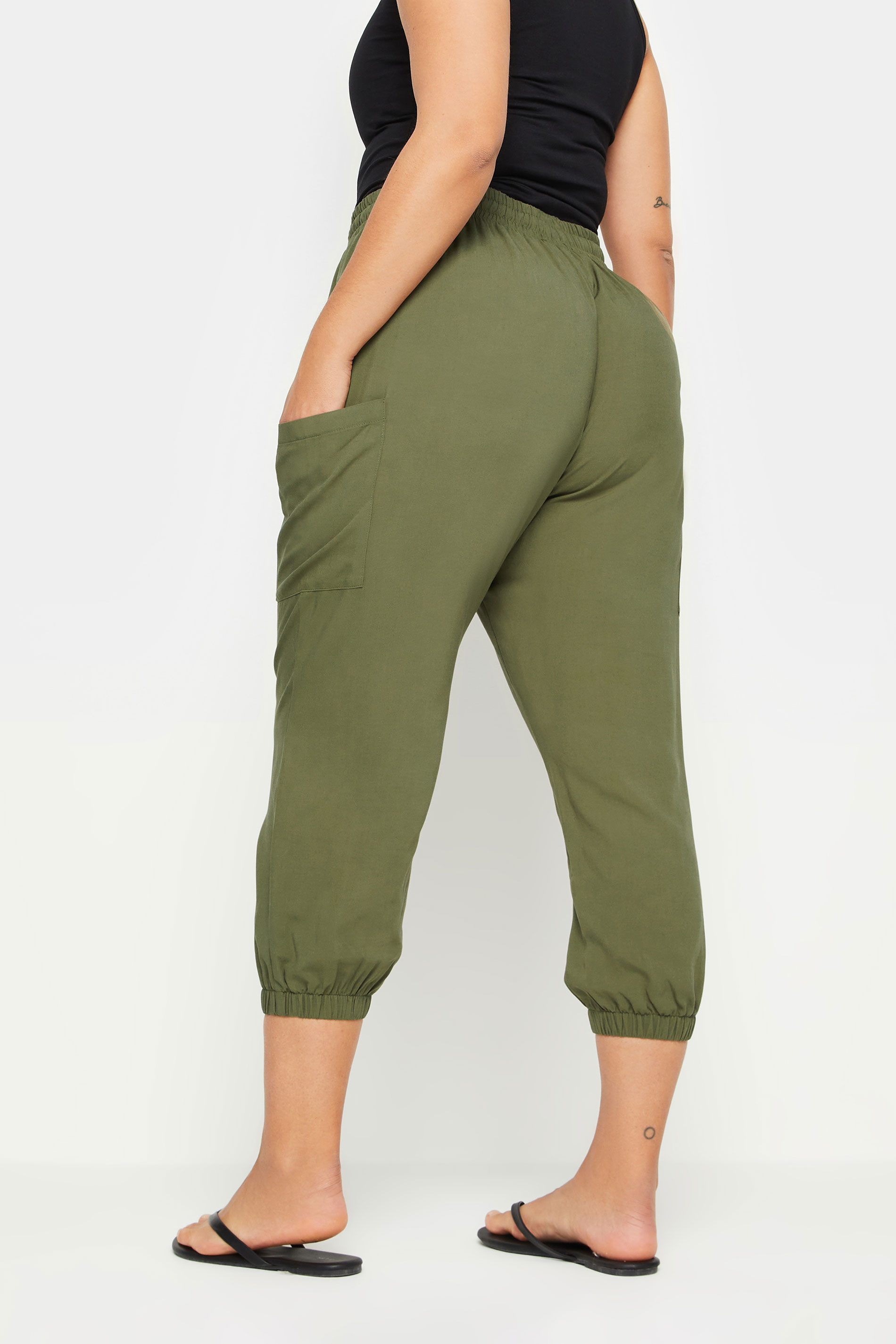 YOURS Plus Size Khaki Green Button Front Cropped Trousers | Yours Clothing 3