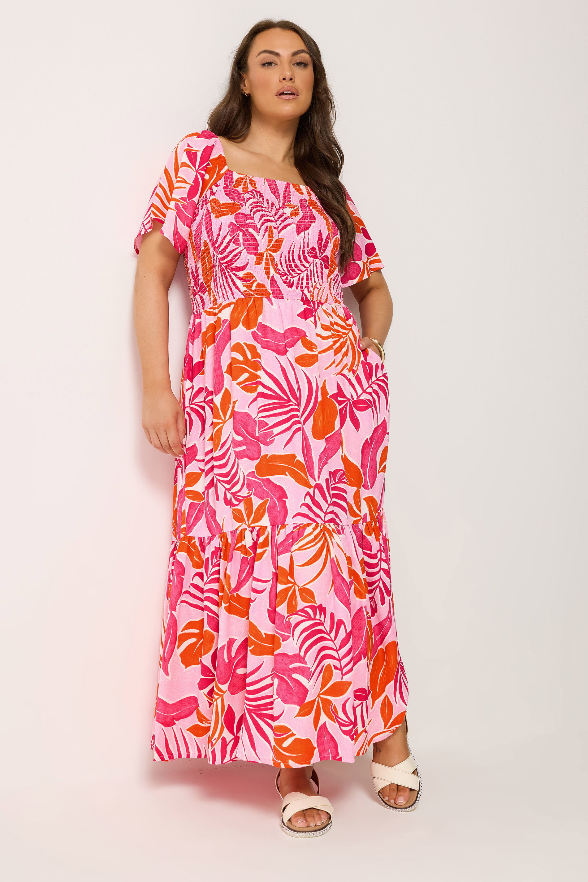 YOURS Plus Size Pink Palm Leaf Shirred Maxi Dress | Yours Clothing 3