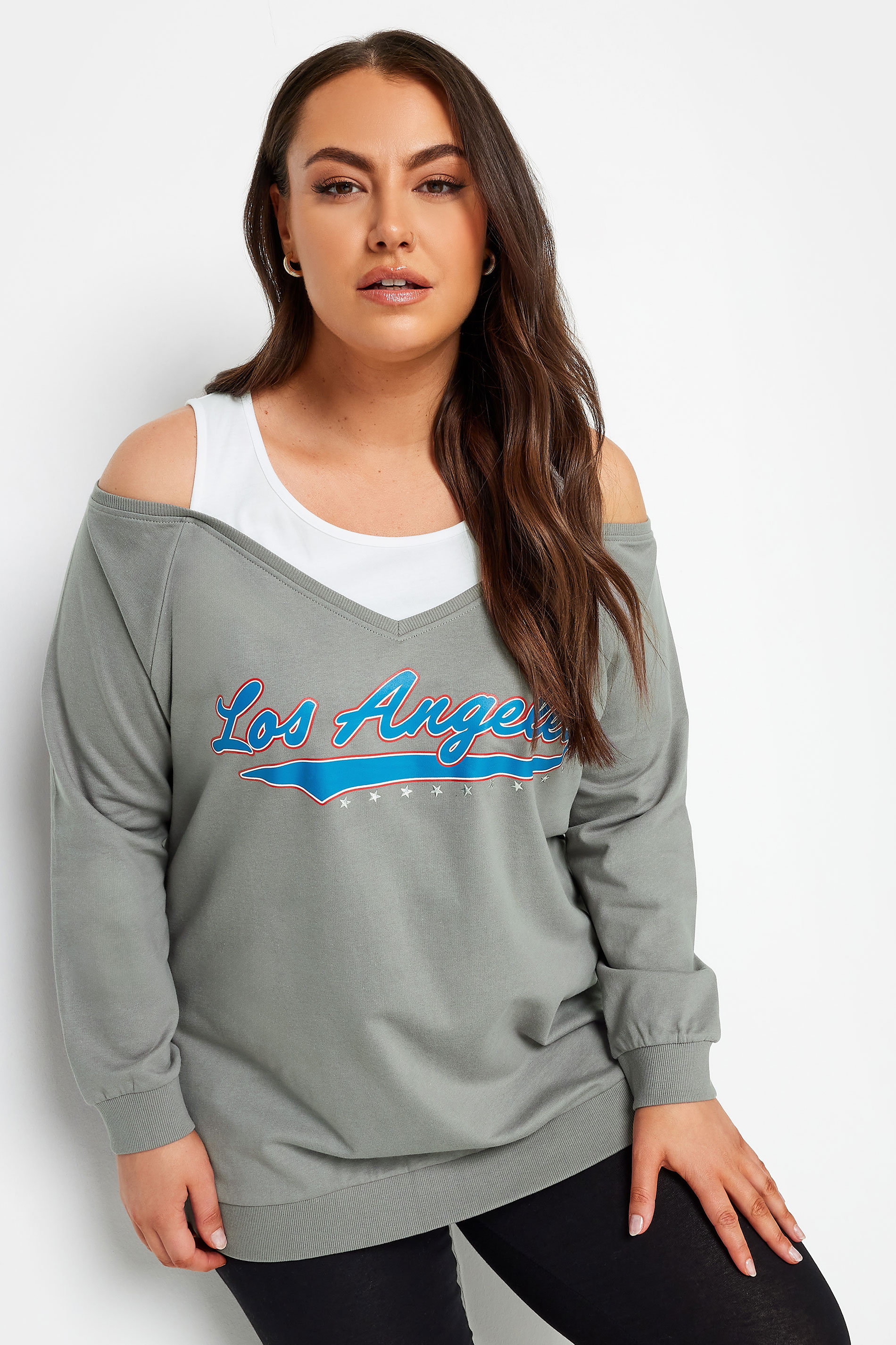 YOURS Plus Size Grey 'Los Angeles'  Print Bardot Top | Yours Clothing 1