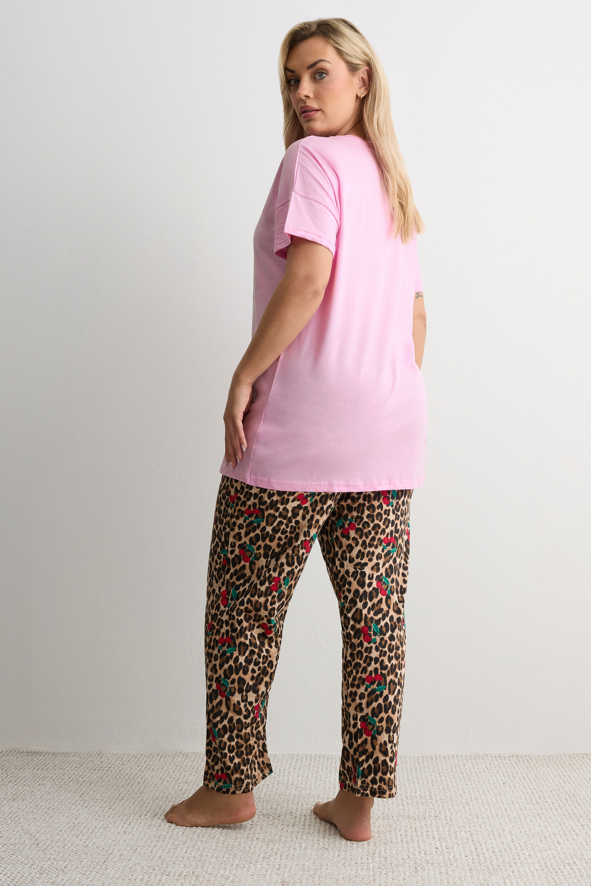 YOURS Plus Size Pink 'Cherry Sweet Dreams' Leopard Pyjama Set | Yours Clothing 2