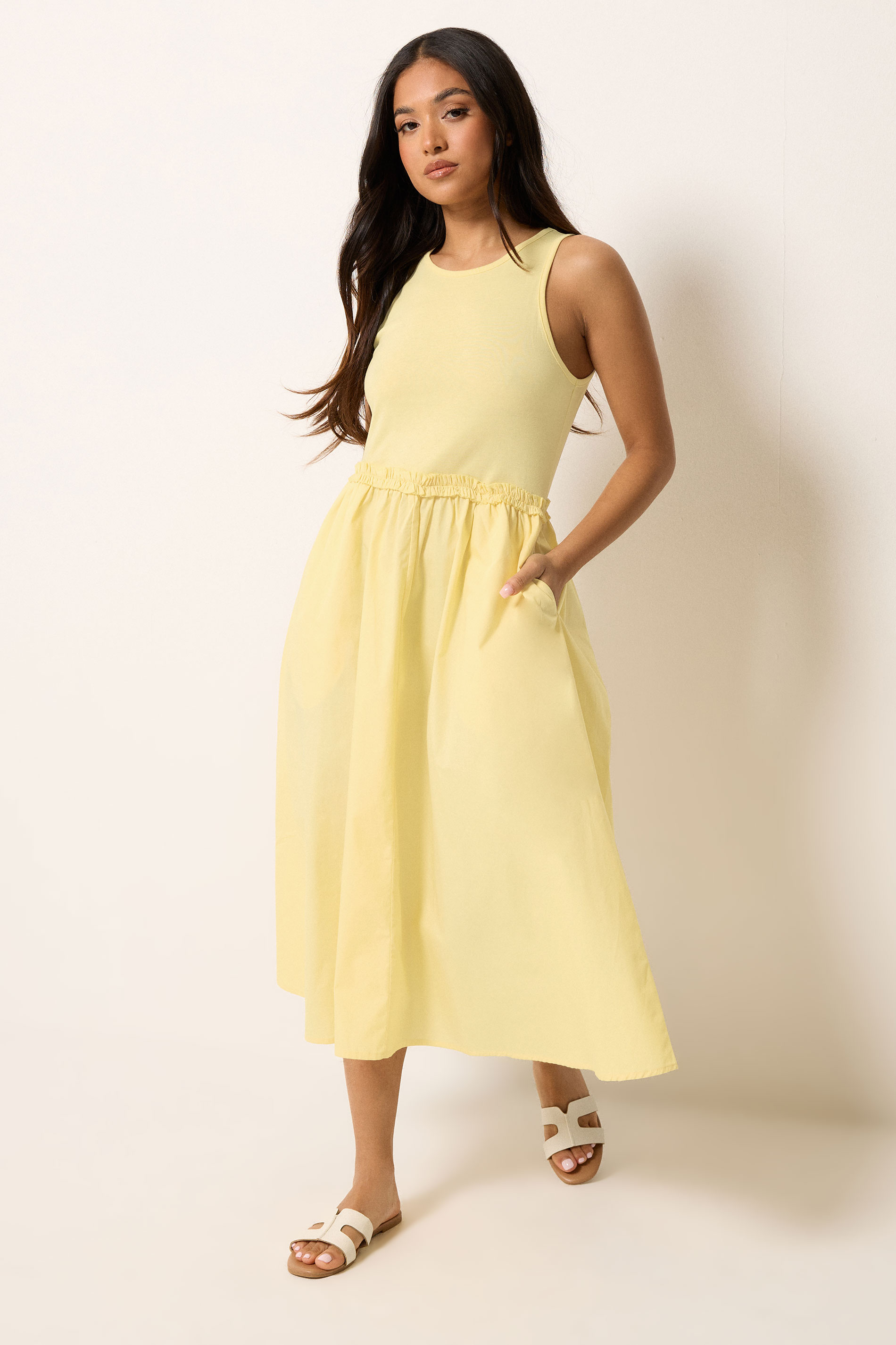 PixieGirl Petite Women's Yellow Ruffle Detail Midi Dress | PixieGirl 1