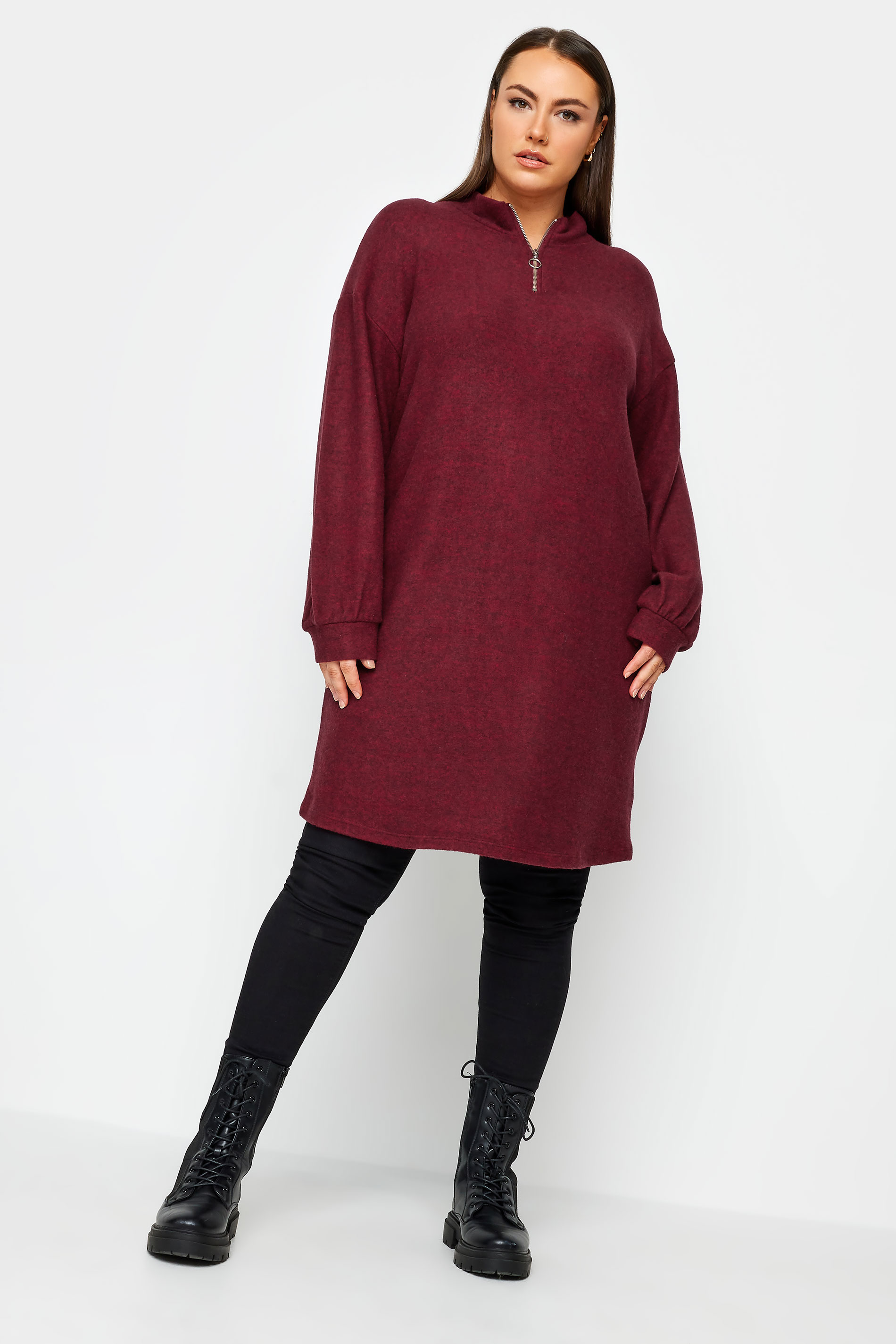 YOURS Plus Size Red Soft Touch Zip Neck Jumper Dress | Yours Clothing 2