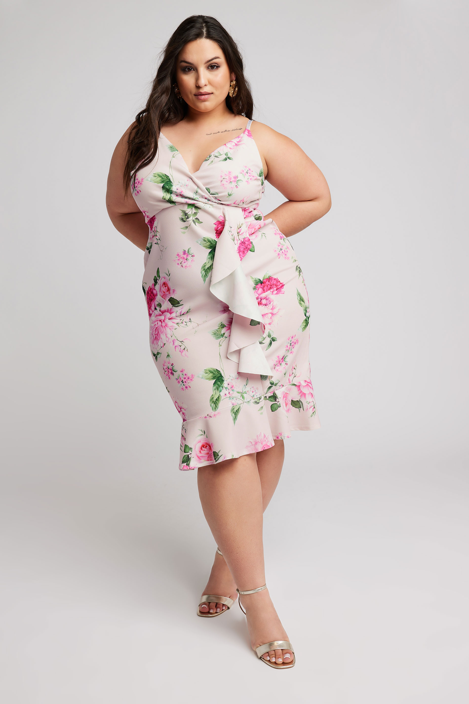 YOURS LONDON Plus Size Pink Floral Print Ruffle Midi Dress | Yours Clothing 1