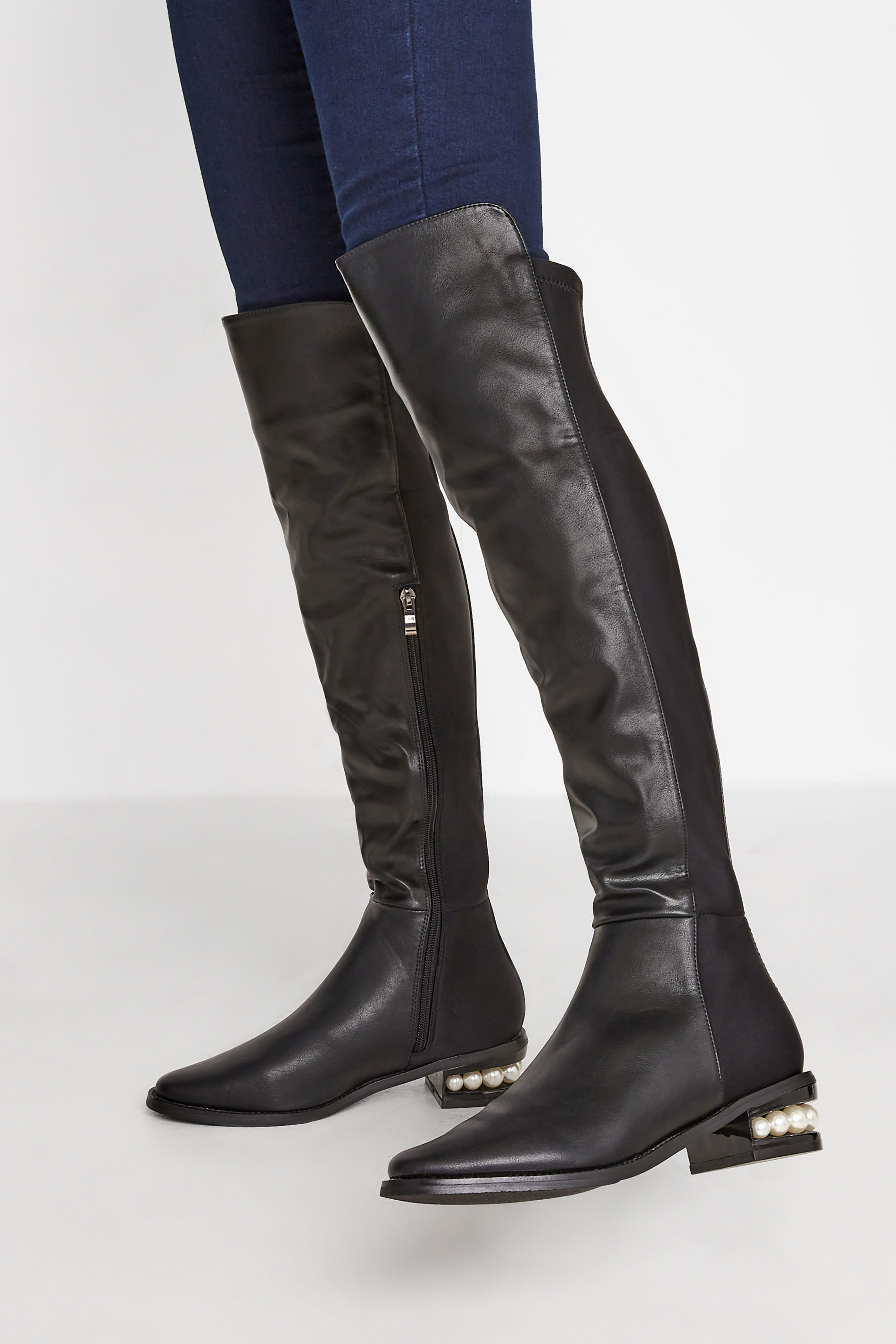 PixieGirl Black Over The Knee Pearl Boots In Standard D Fit 1