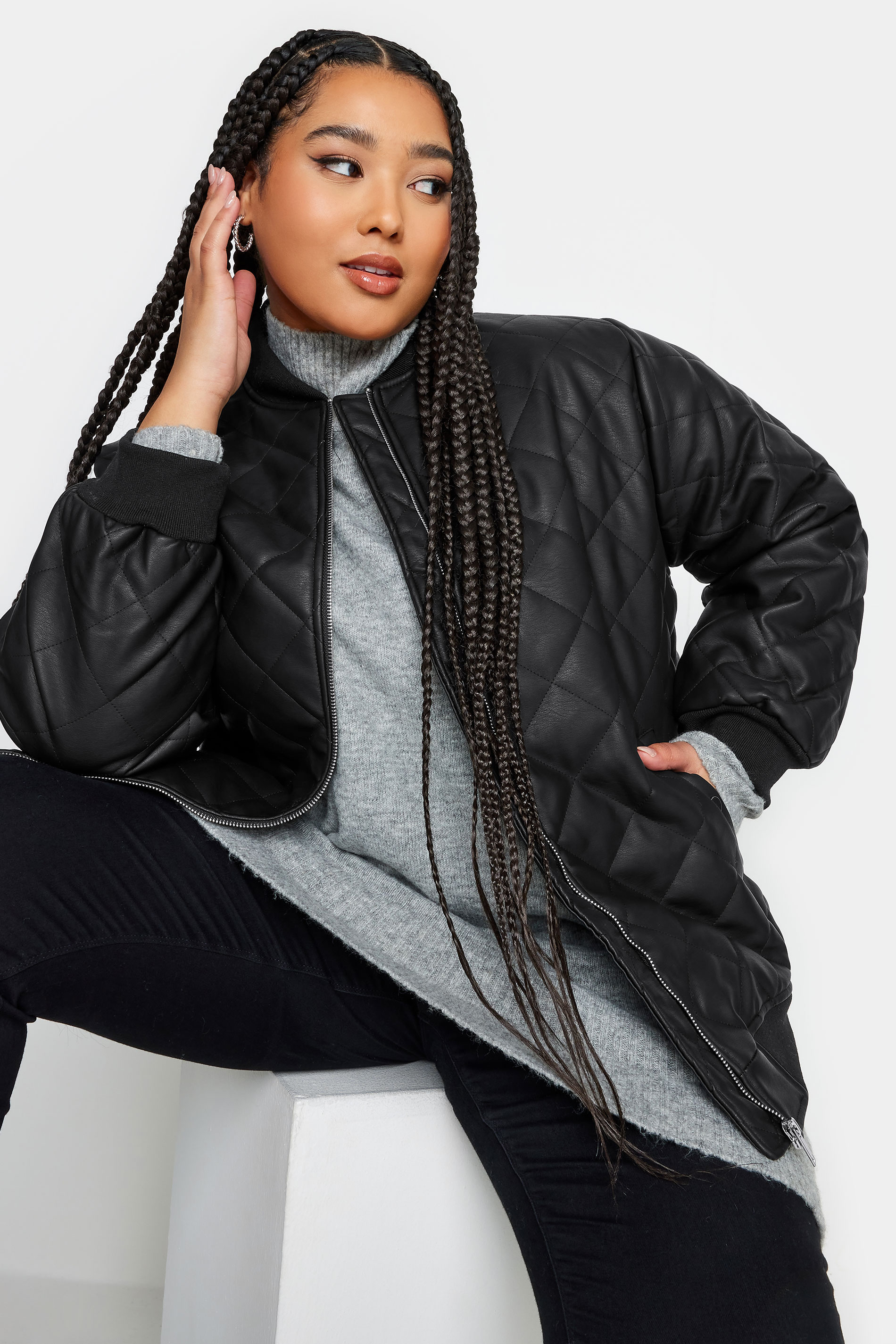 YOURS Plus Size Curve Black Quilted Faux Leather Bomber Jacket | Yours Clothing  1