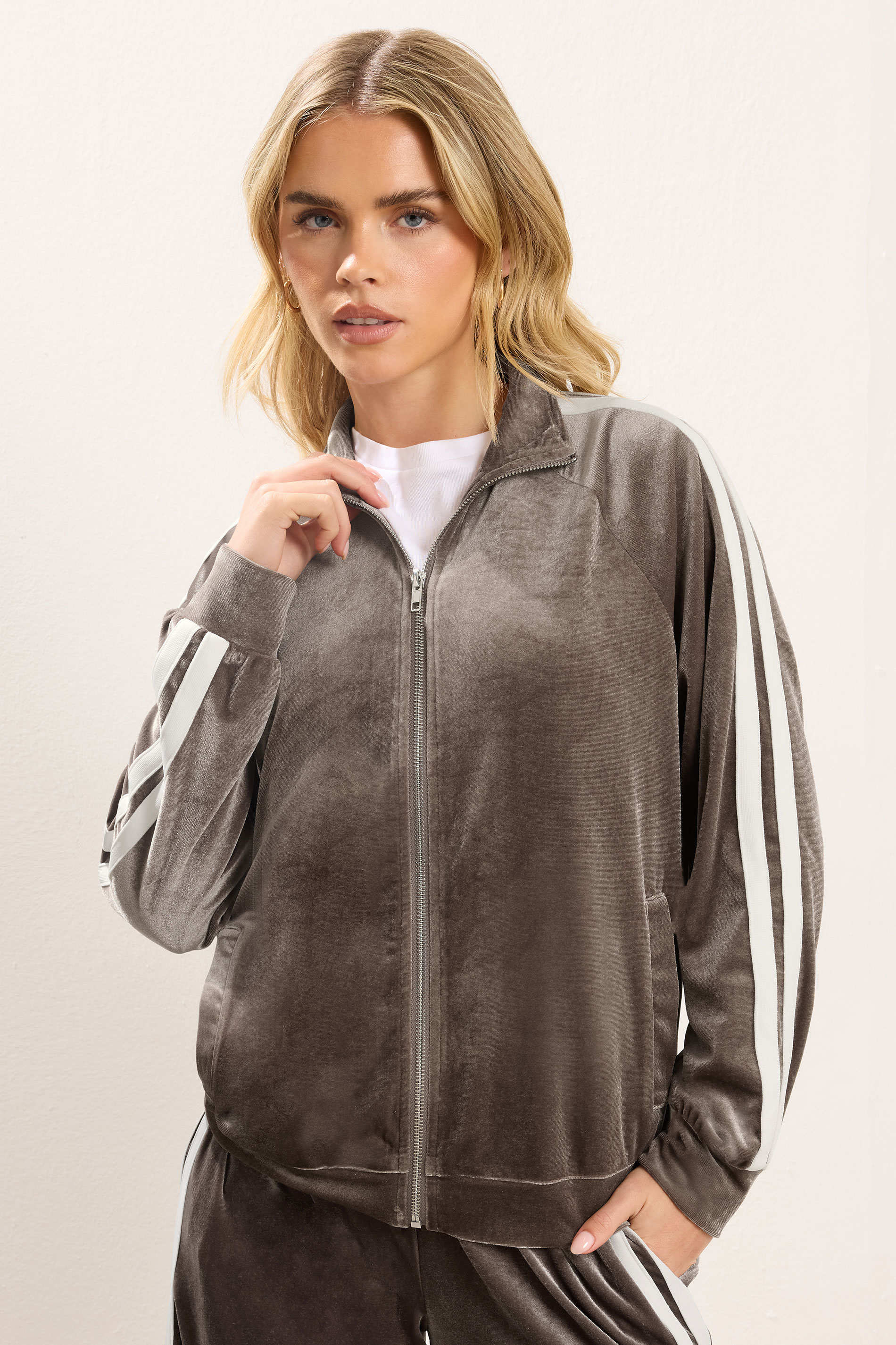 PixieGirl Petite Women's Brown Side Stripe Velvet Jacket | PixieGirl 3