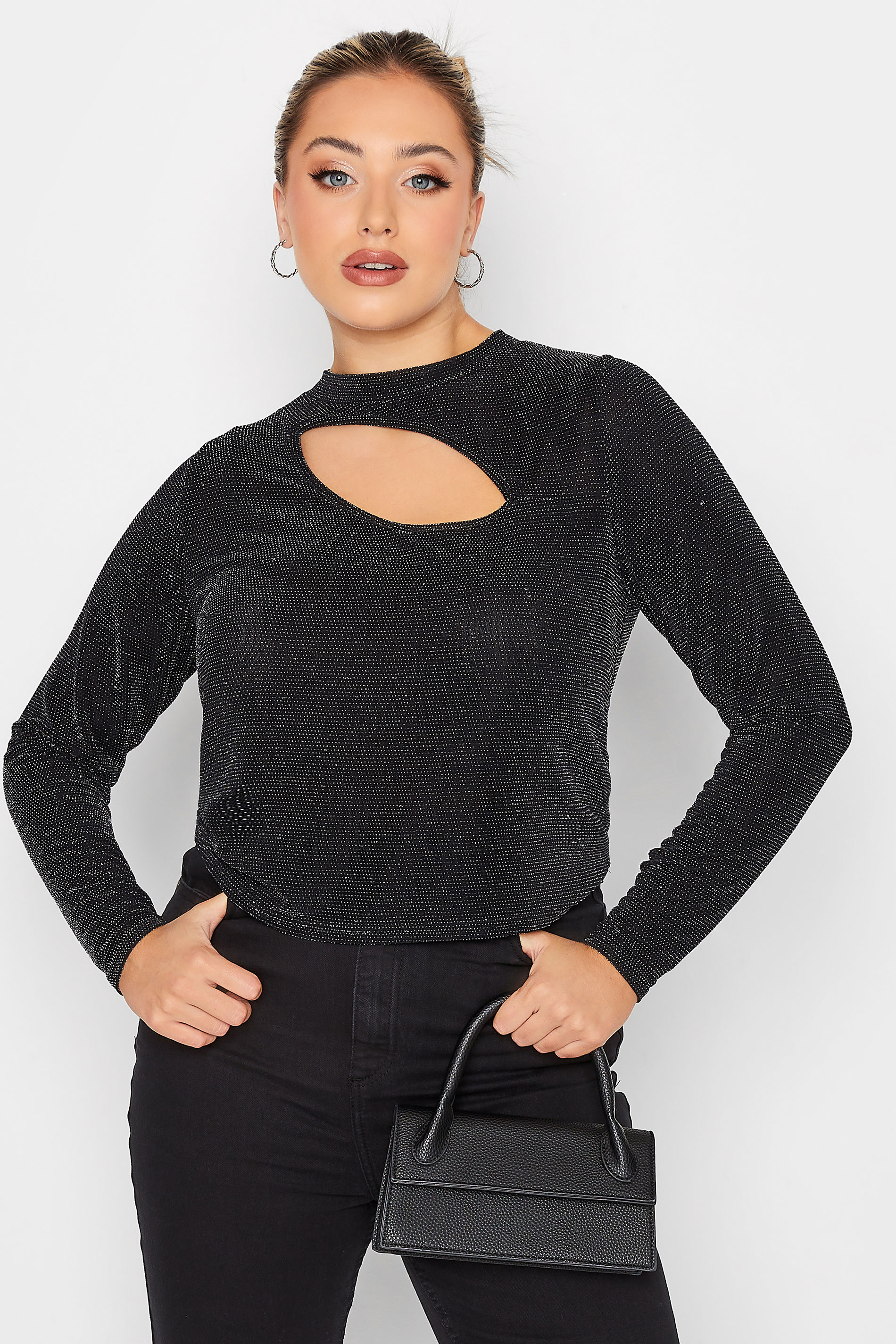 LIMITED COLLECTION Plus Size Black Glitter Cut Out Crop Top | Yours Clothing 1