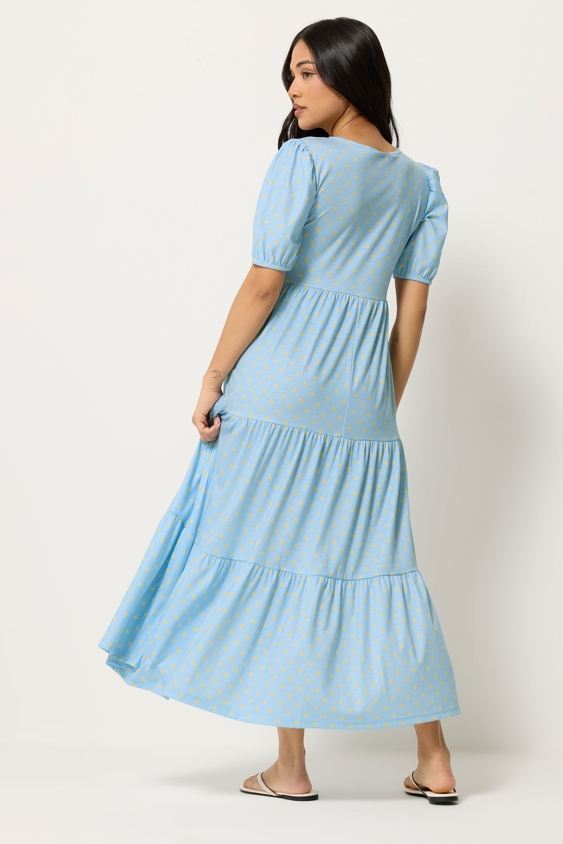 PixieGirl Petite Women's Light Blue Polka Dot Tiered Maxi Dress | PixieGirl 2