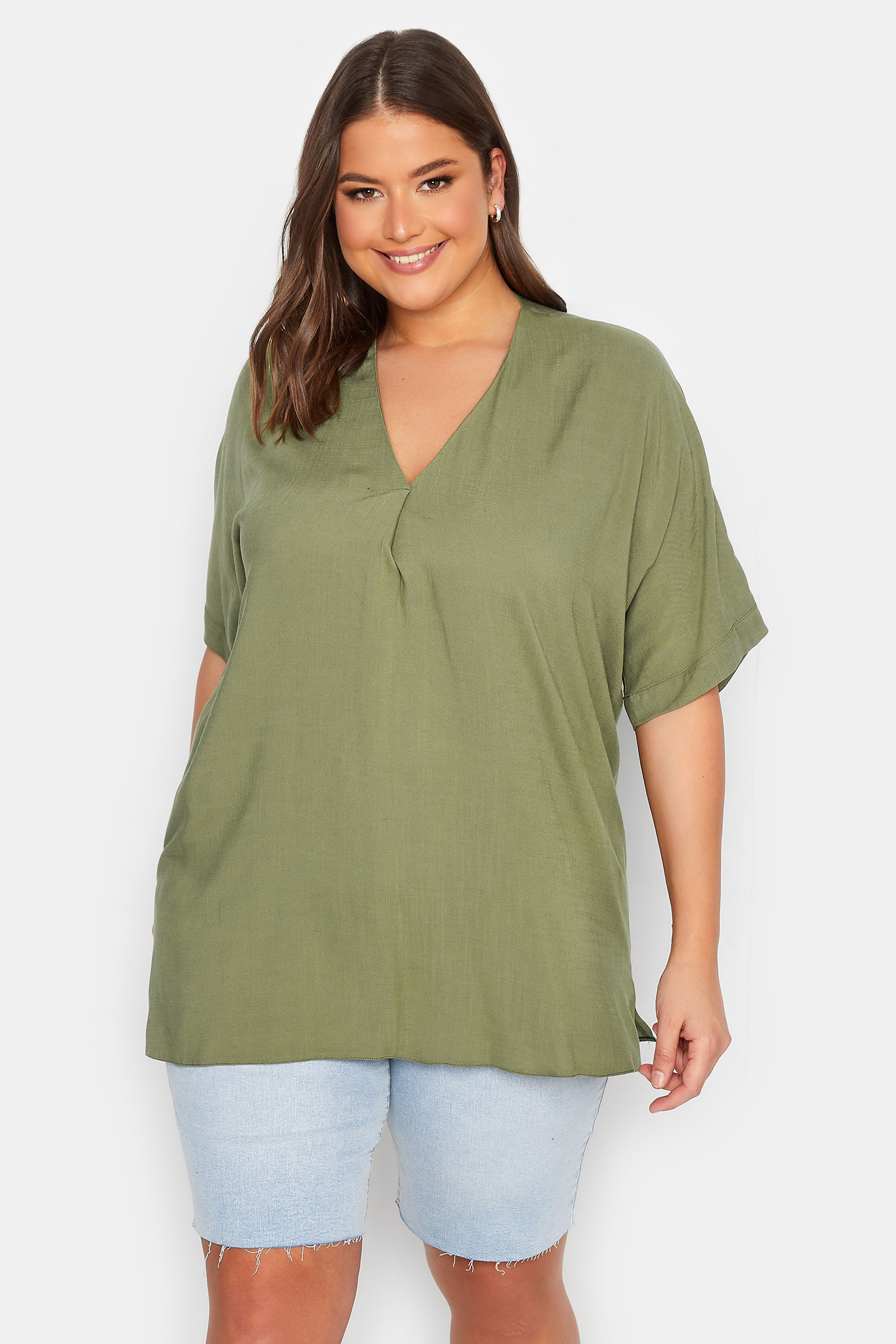 YOURS Curve Plus Size Khaki Green Marl V-Neck Top 1