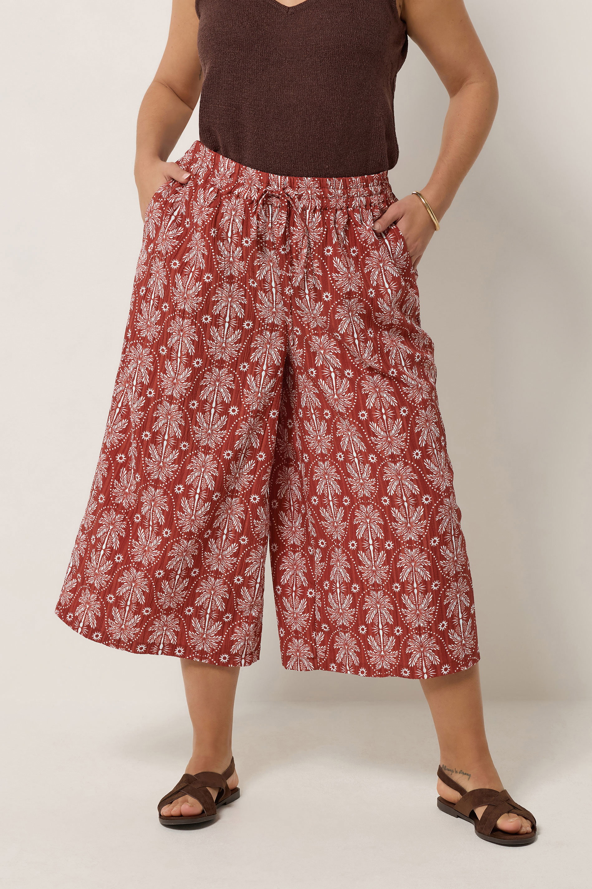 YOURS Plus Size Rust Orange Palm Tree Cropped Trousers | Yours Clothing 3
