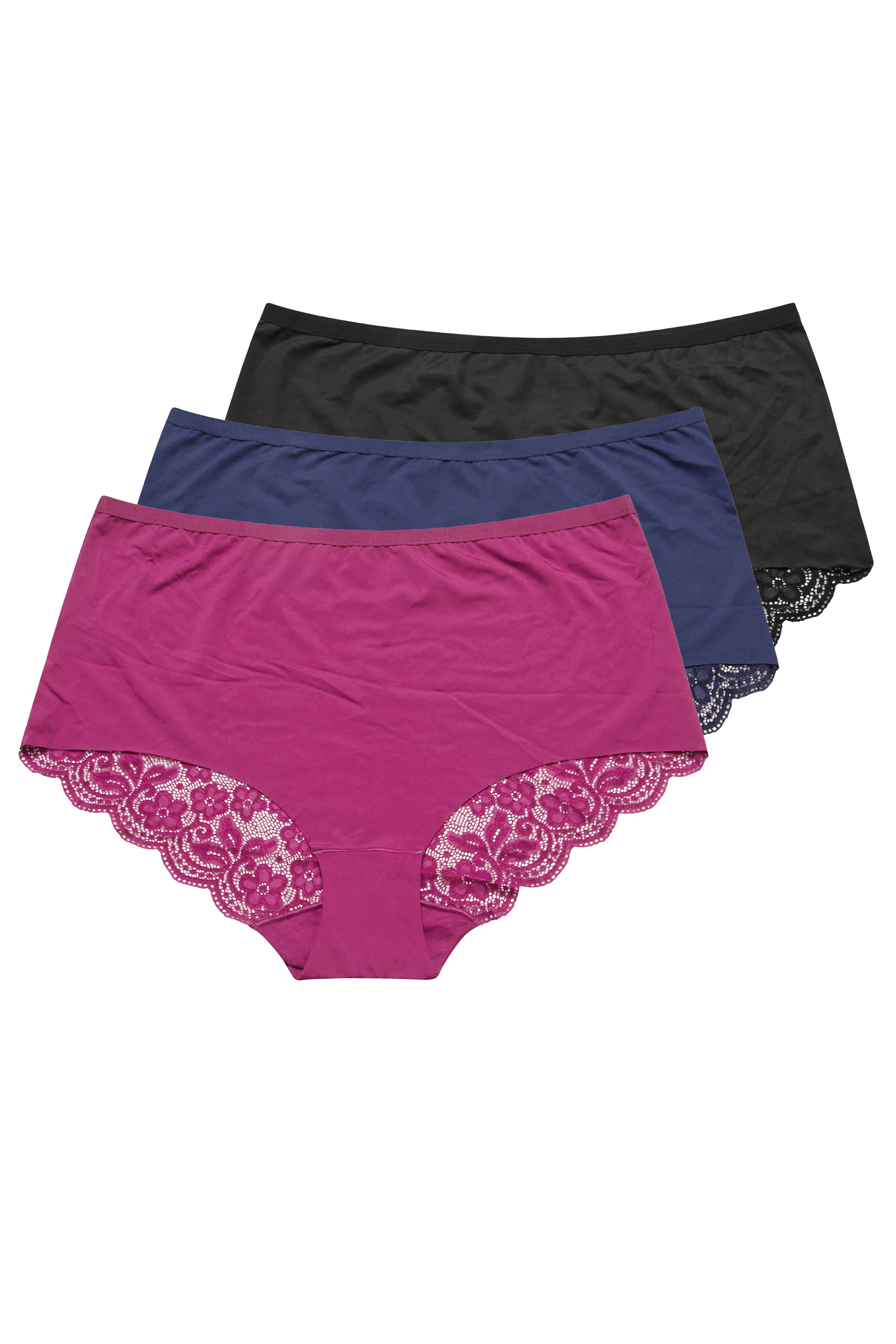 YOURS 3 PACK Plus Size Pink & Black Lace Back Full Briefs | Yours Clothing 1