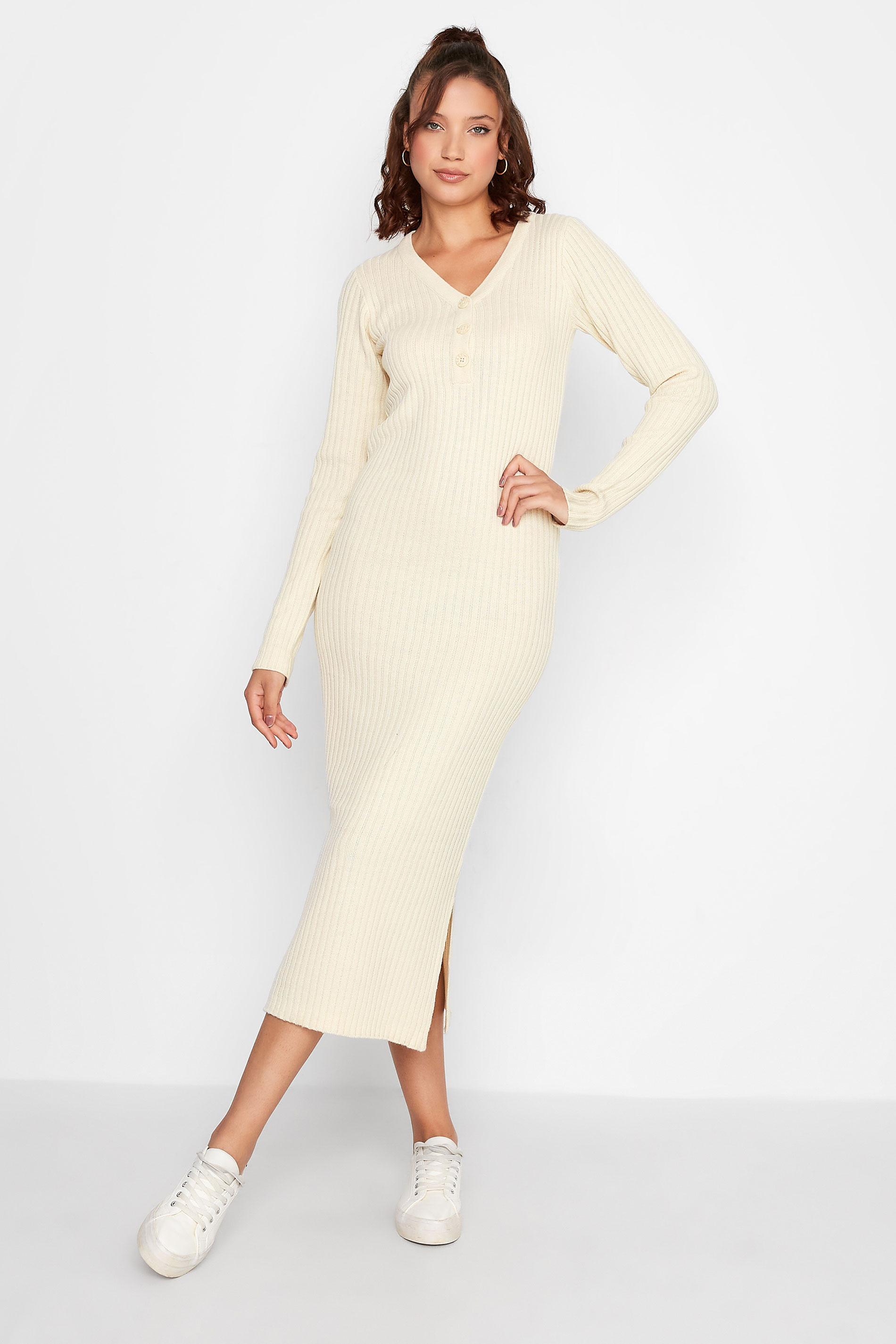 Tall Women's Cream Ribbed Long Sleeve Midi Dress | Long Tall Sally  1