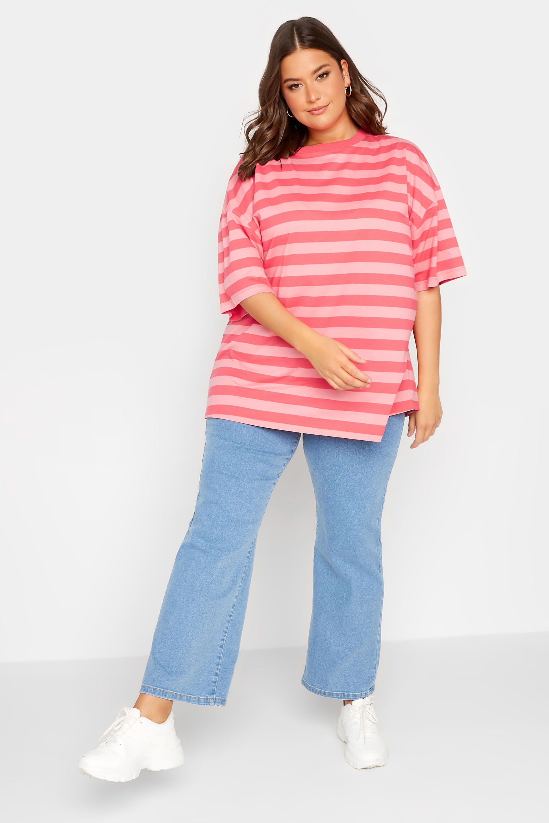 YOURS Curve Plus Size Pink & Red Stripe Oversized Boxy T-Shirt | Yours Clothing  2