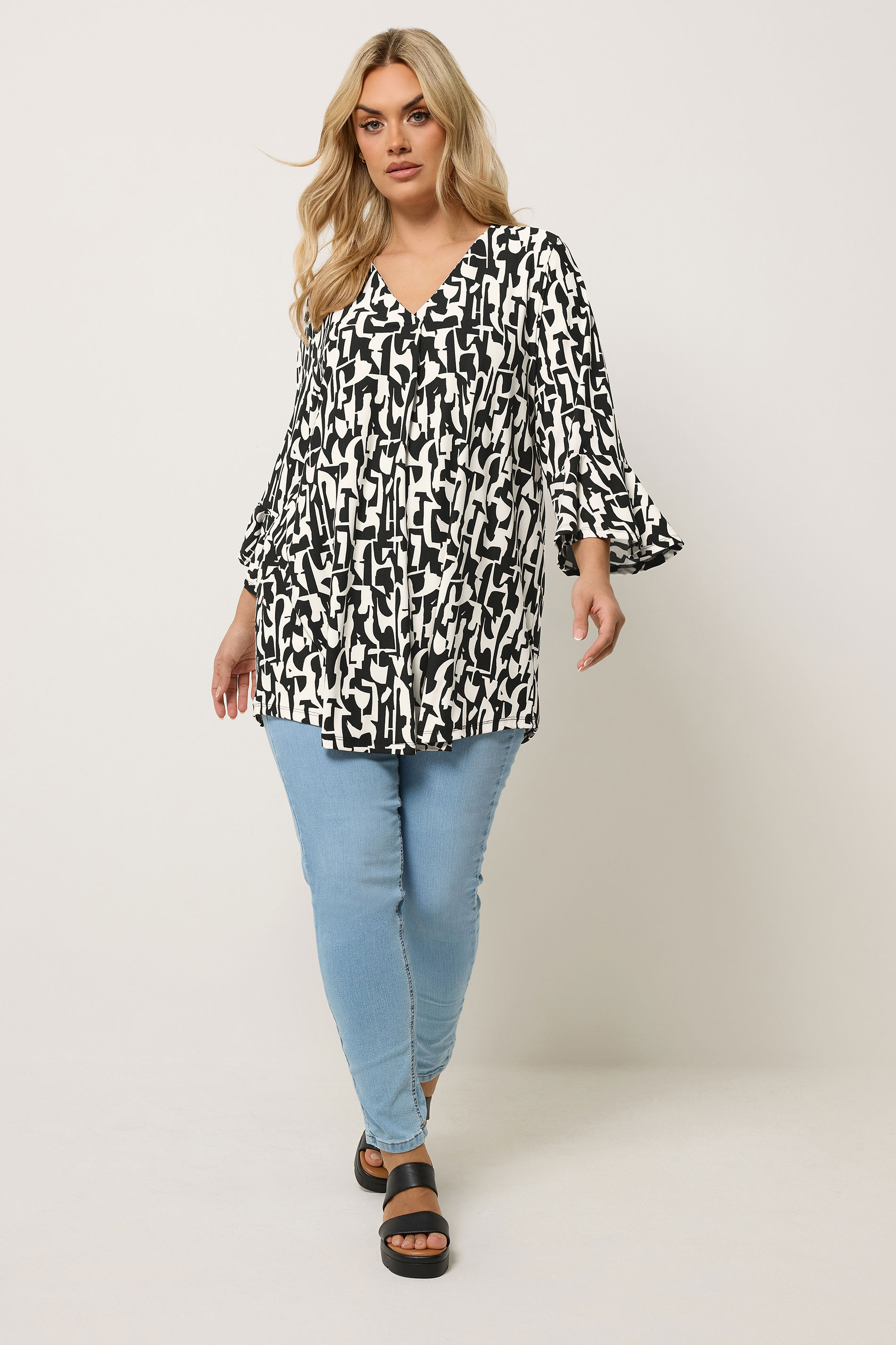 YOURS Plus Size Black Abstract V-Neck Top | Yours Clothing 1