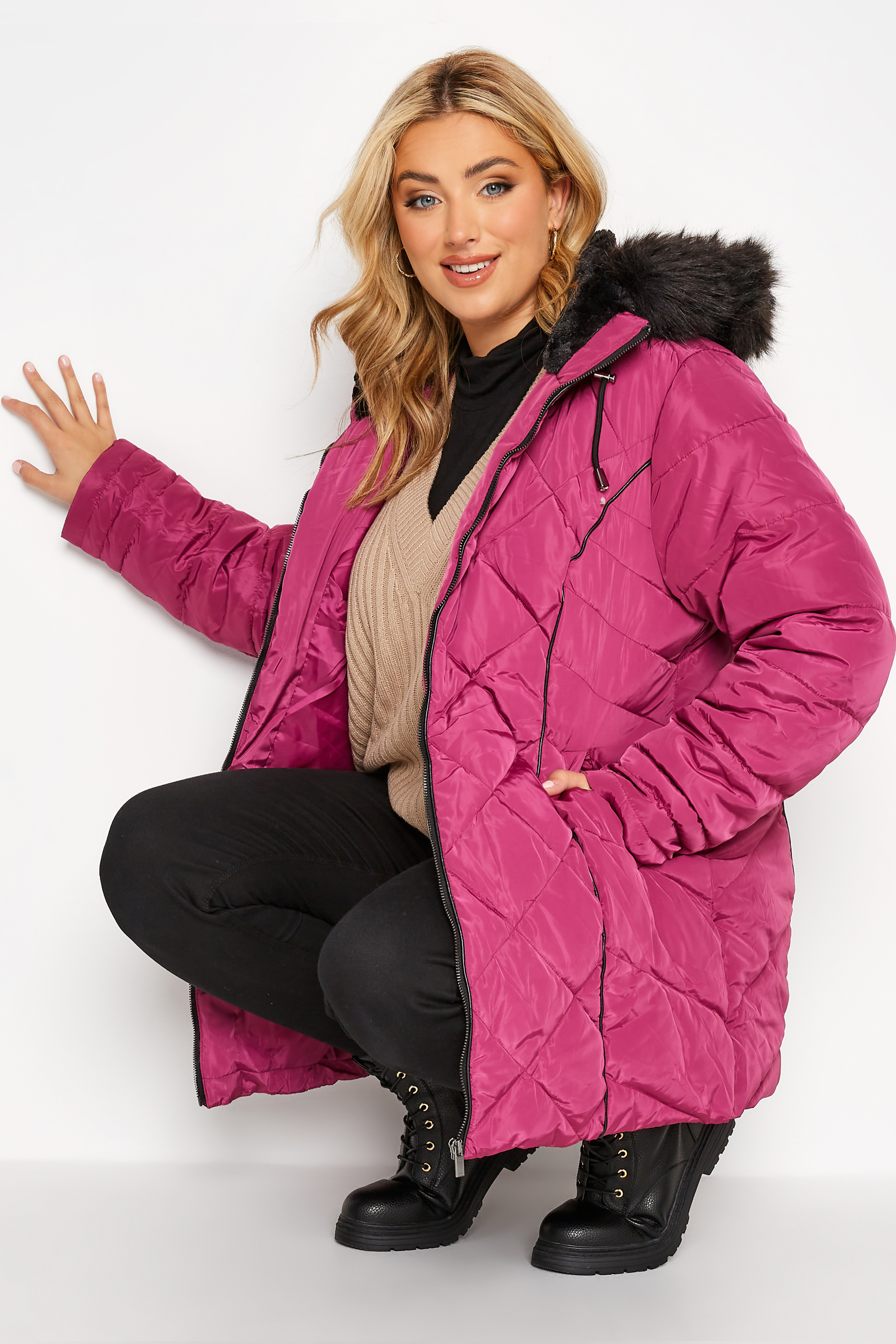 Plus Size Pink Panelled Puffer Jacket | Yours Clothing 1